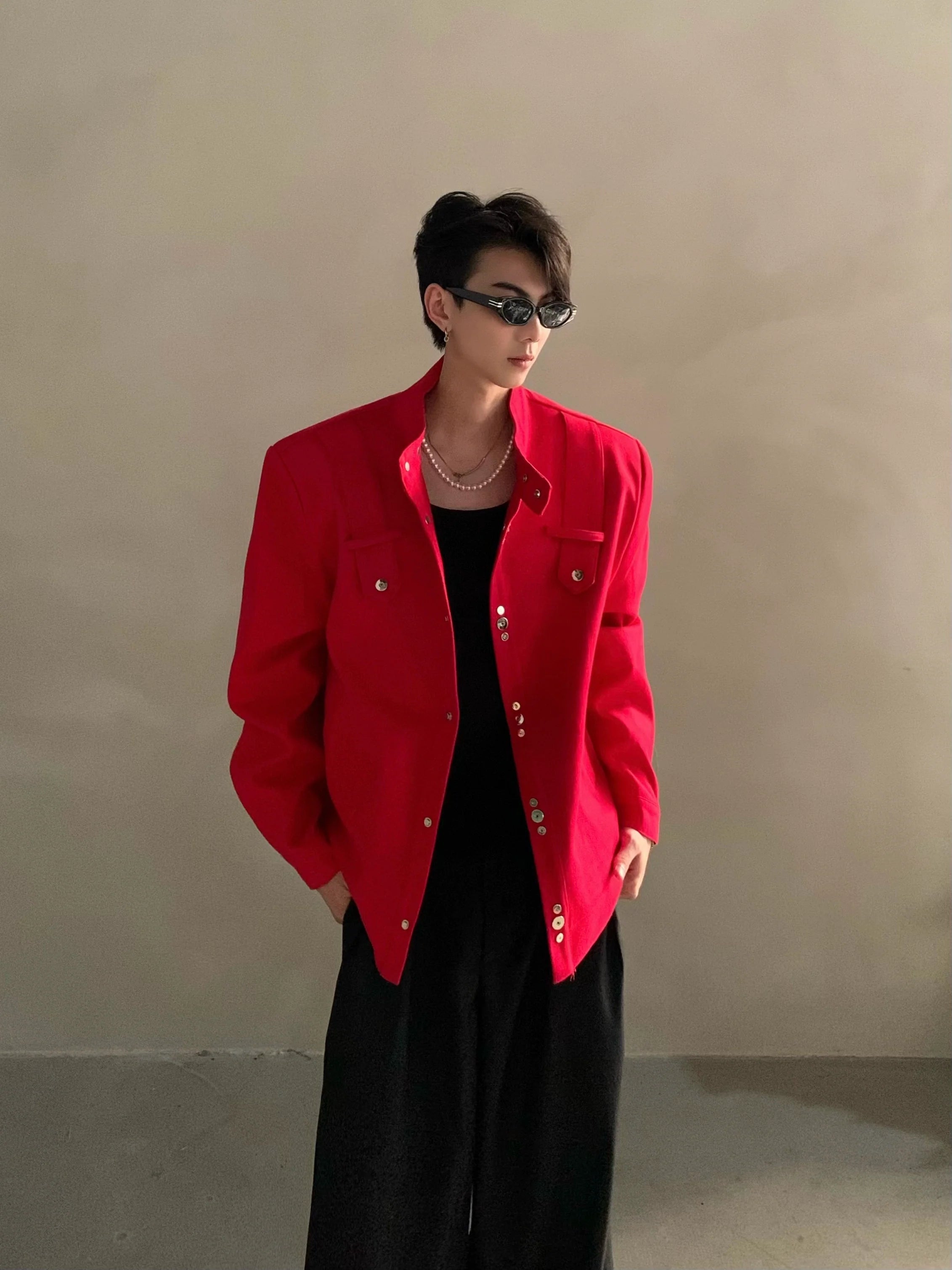 Niche high-end Barn style red shoulder padded jacket jacket men's ruffian handsome loose short top