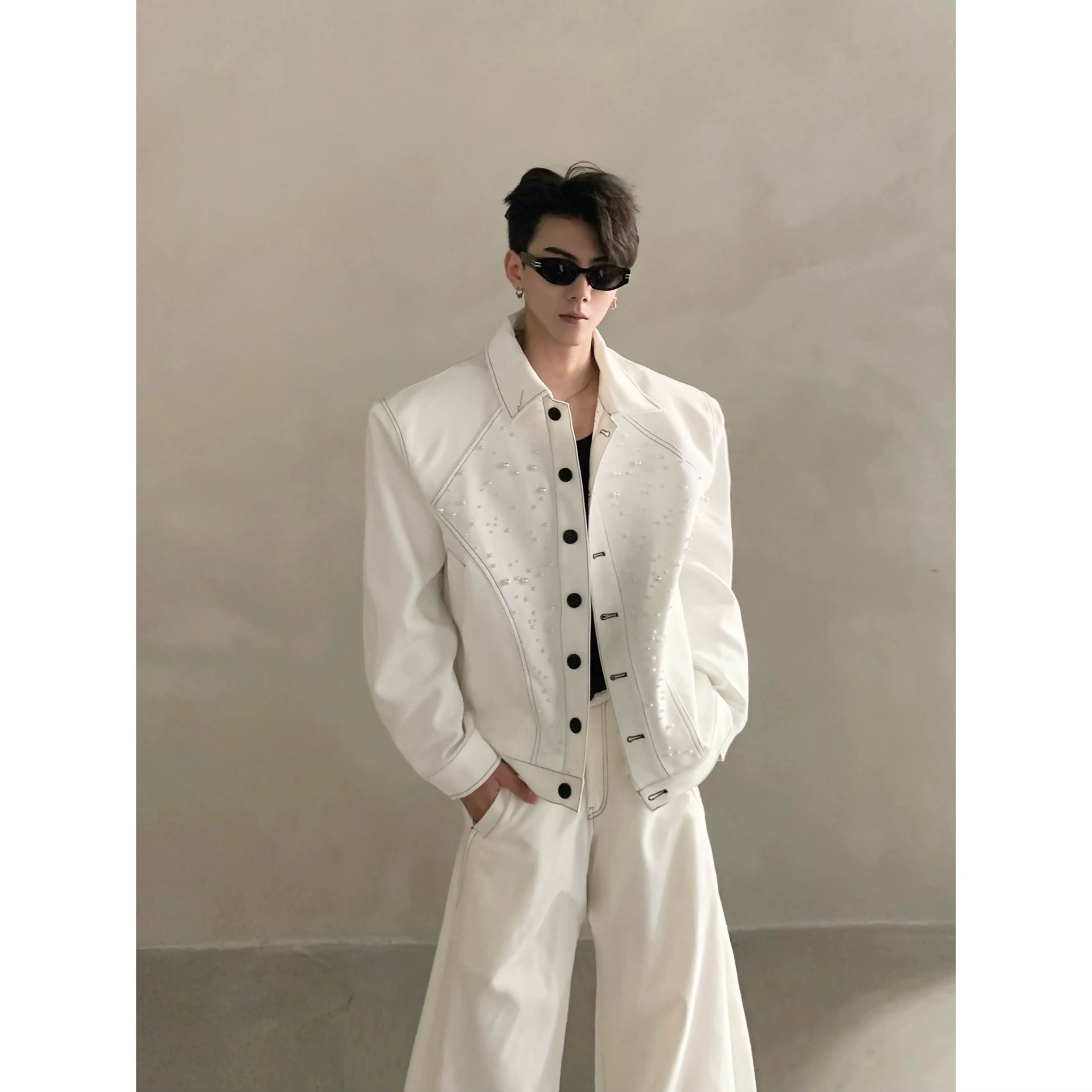 Niche high-end white shoulder padded jacket jacket men's autumn trousers suit minimalist style