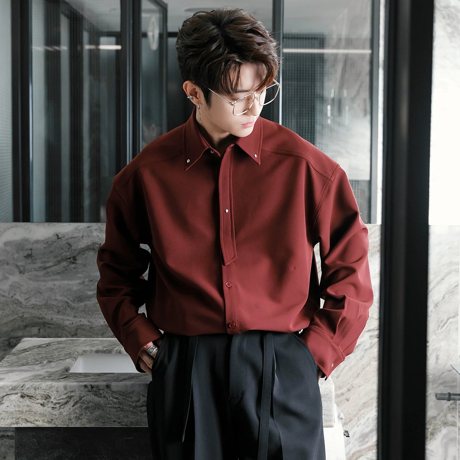 Men's Loose Casual Lapel Shirt Men's Solid Color Premium Tie Long Sleeve Shirt