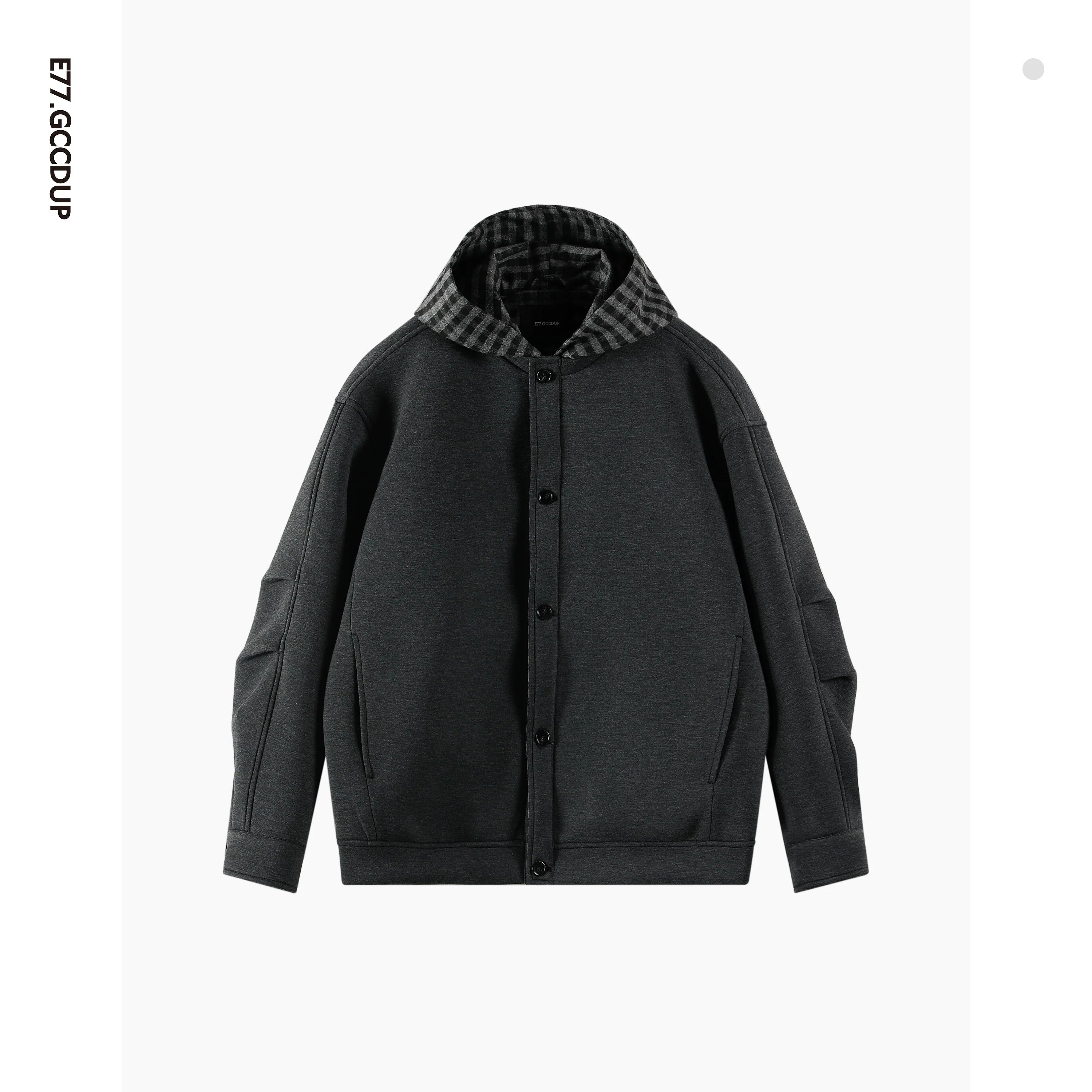 Time Overlapping" Jelly Air Layer Plaid Splicing Fake Two-piece Cardigan Hooded Sweater Jacket