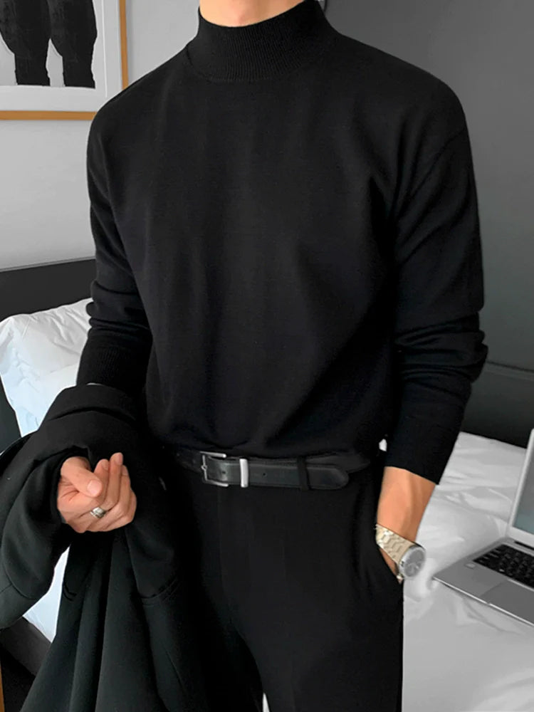Semi-turtleneck sweater men's autumn and winter loose Korean trend thickened black mid-neck knitted bottoming shirt sweater