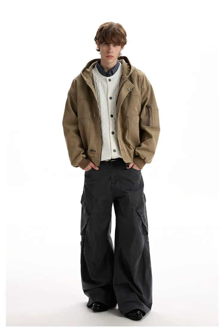 Vintage washed old plane buckle design hooded jacket SIN0952