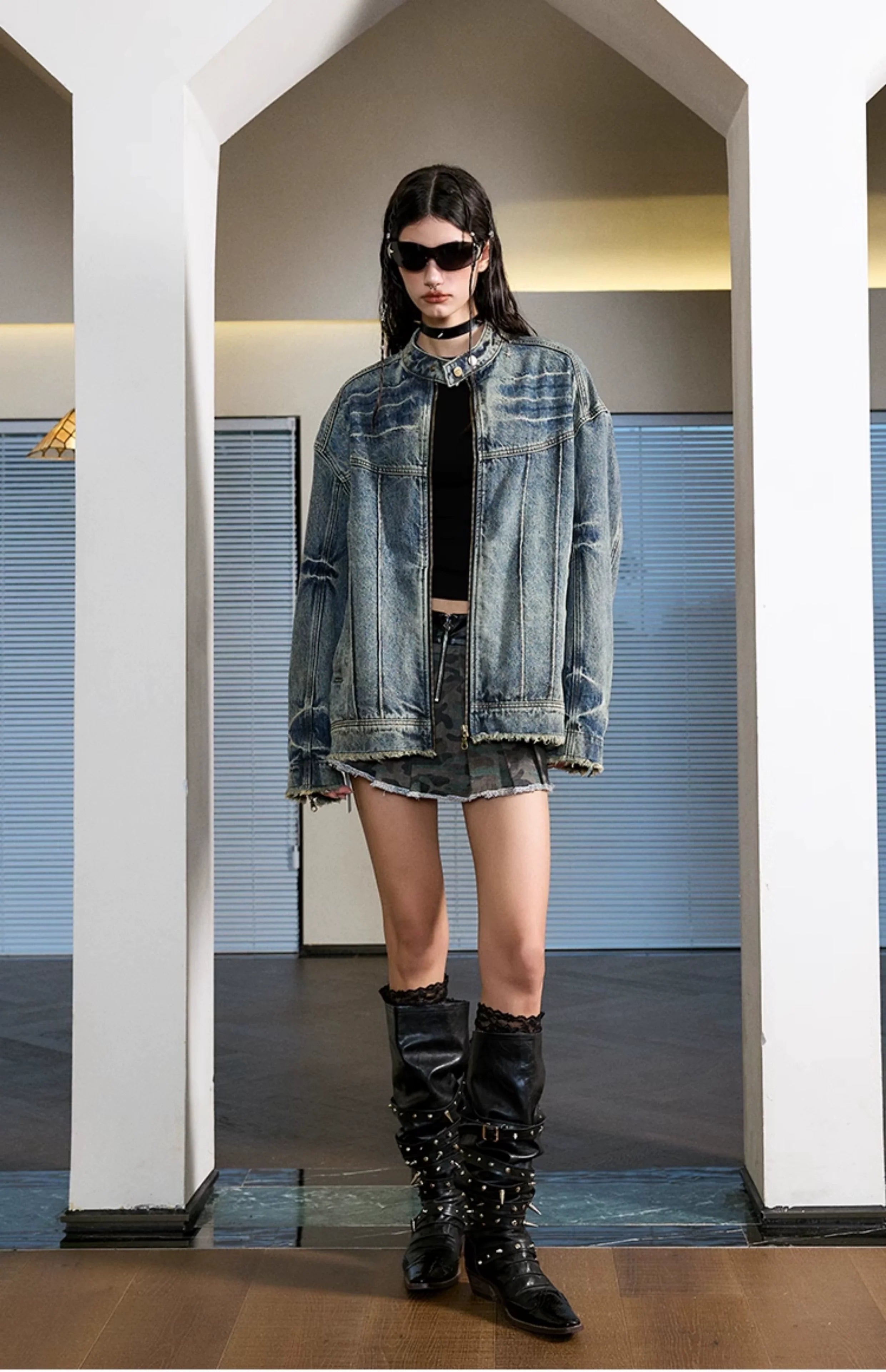 Heavy washed denim jacket American high street stand-up collar jacket SIN0992