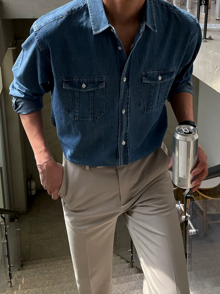 Retro denim long-sleeved shirt men's high-end Korean loose blue shirt tooling inch