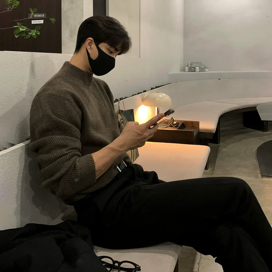 Autumn and winter semi-turtleneck sweater men's Korean trend solid color knitted sweater medium neck bottoming shirt warm inside