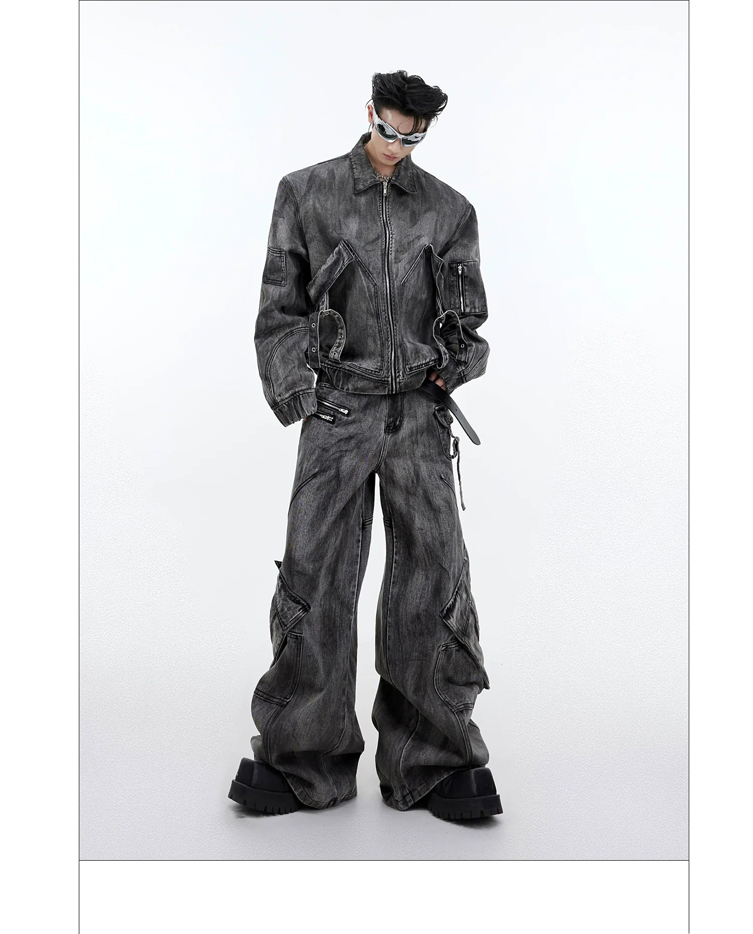 Niche retro old denim suit jacket jacket wasteland heavy zipper big pocket overalls