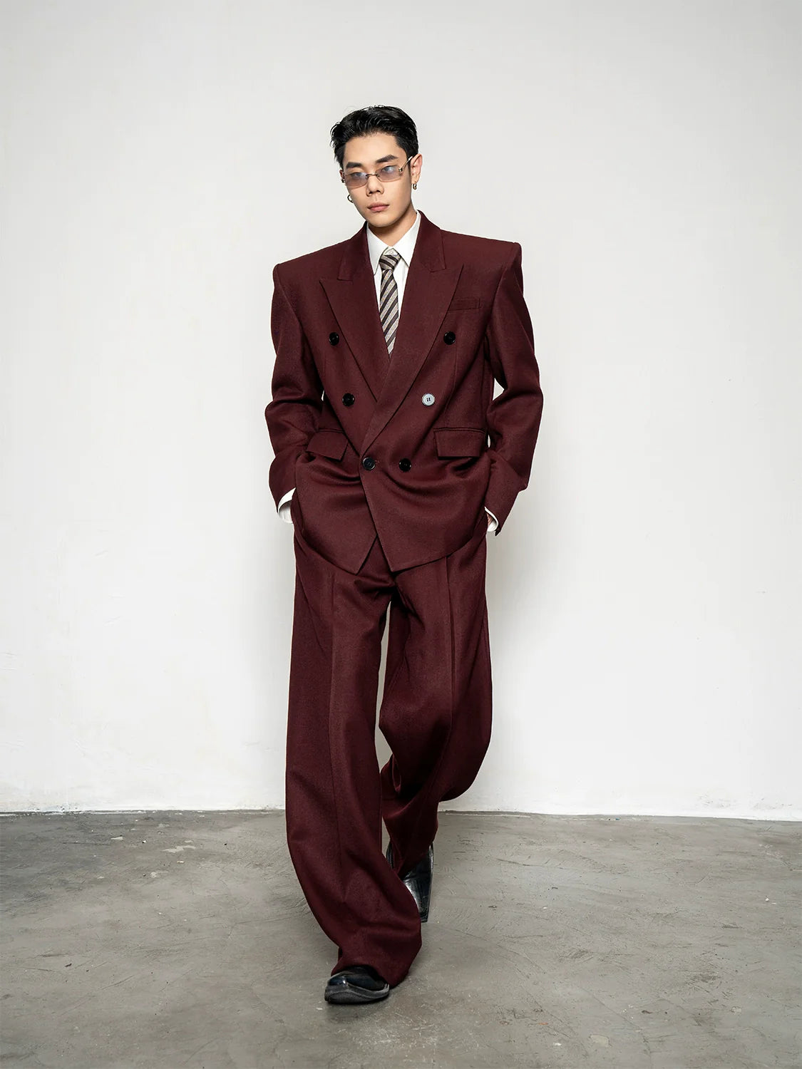 High quality wool overturned shoulder suit jacket men's loose and wide trousers two-piece set