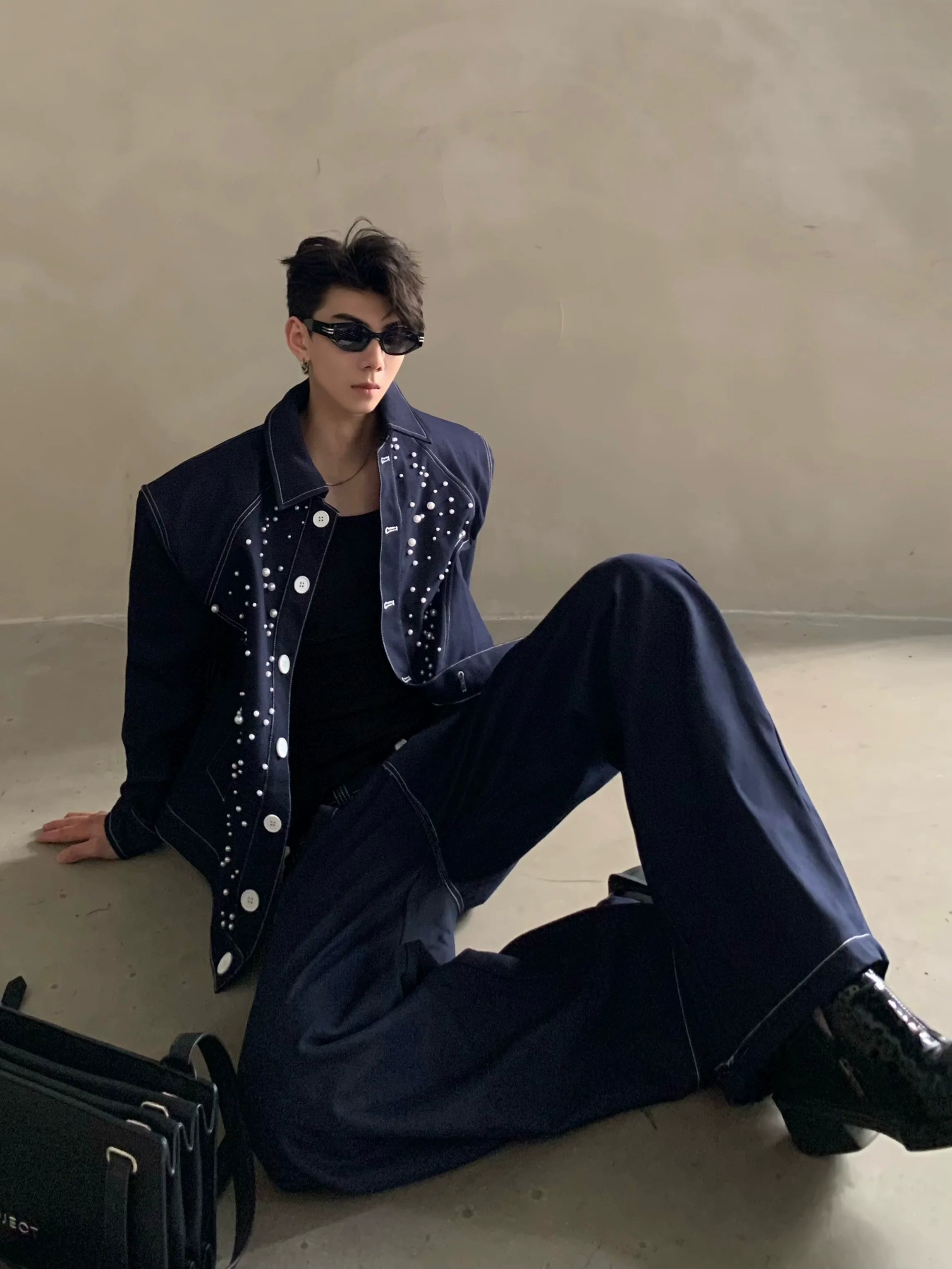 니치 하이엔드 감각의 가볍고 고급스러운 다이아몬드 진주 디자인 데님 재킷, 남성용 멋쟁이 패션 수트, 트렌디한 스타일 