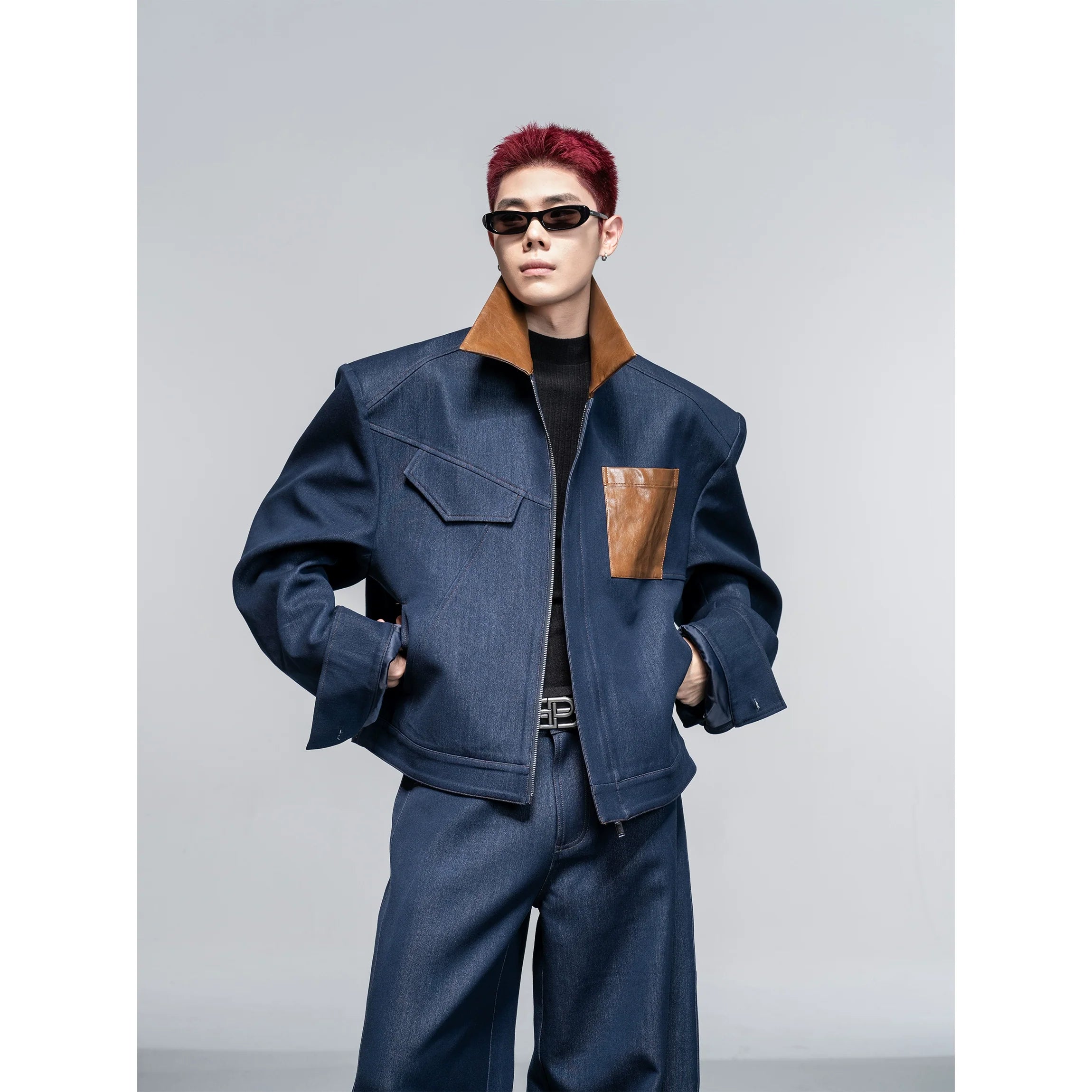 Leather shoulder pads American short jacket jacket men's deconstruction loose scimitar pants casual suit