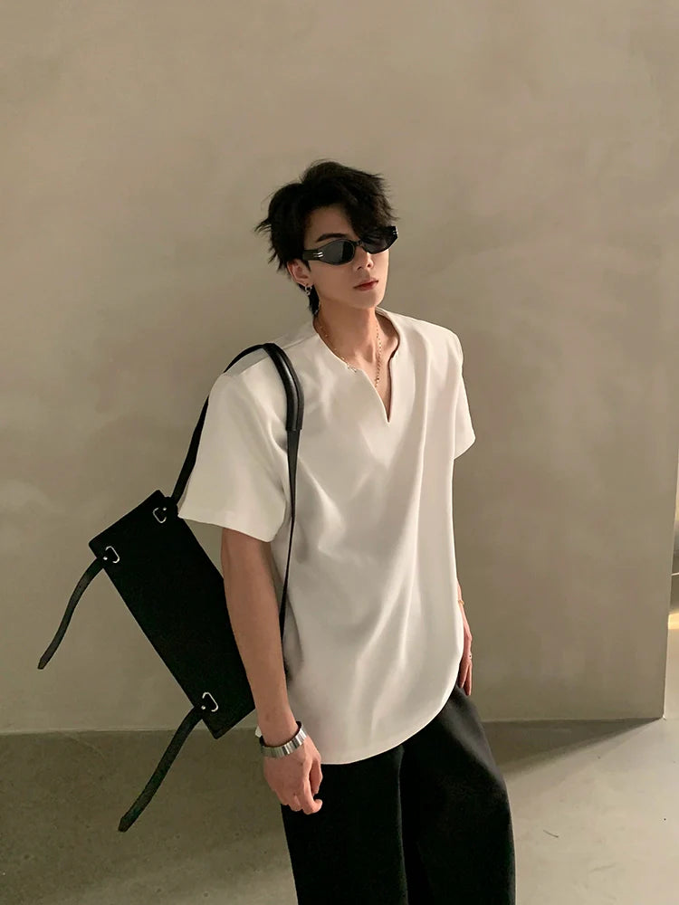 여름 고급 브이넥 금속 장식 어깨 패드 반팔 티셔츠, 남성용 멋쟁이 루즈핏 반팔 상의 