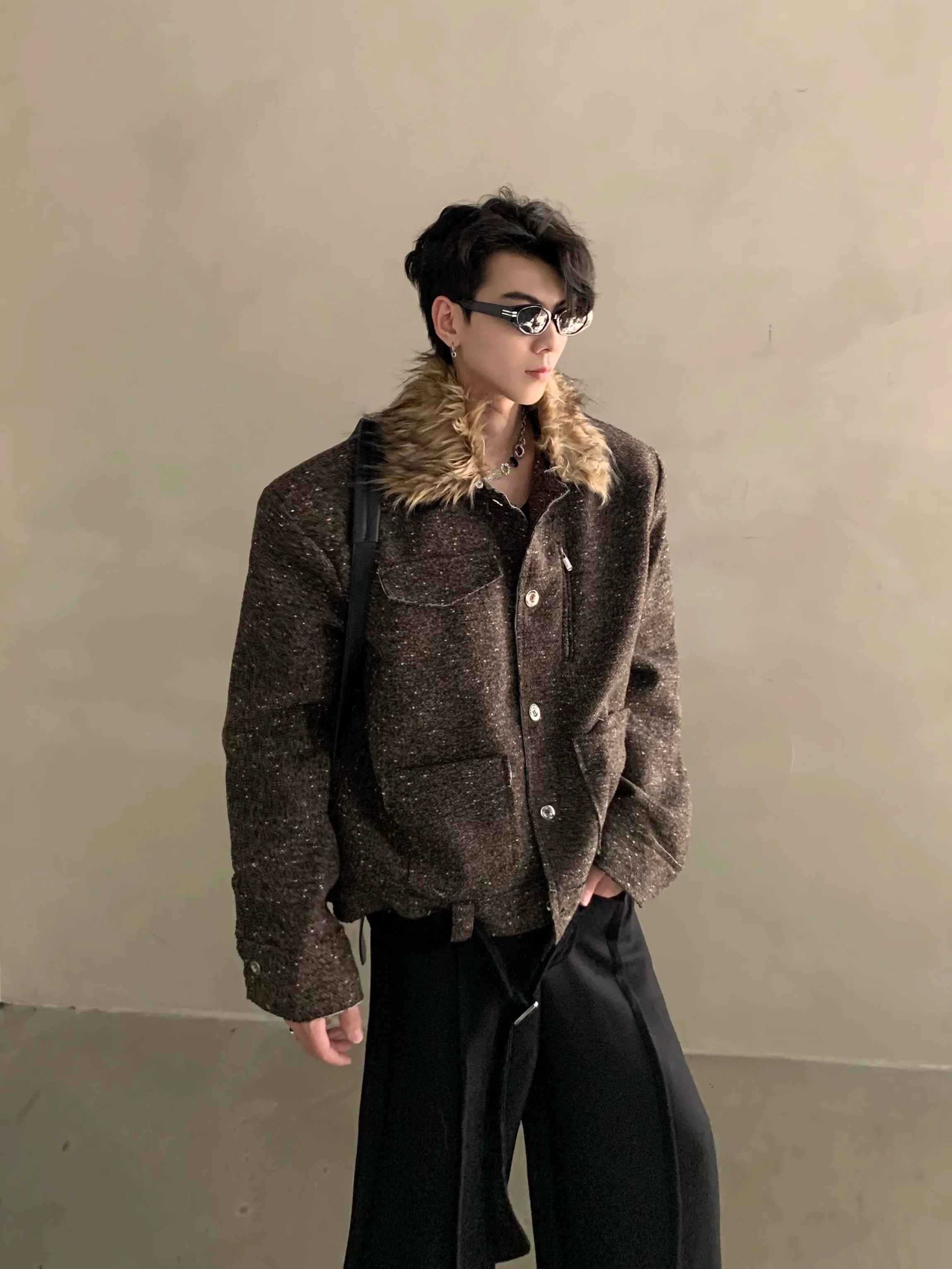 Winter niche light luxury fur collar shoulder padded small fragrant jacket men's high-end short padded jacket