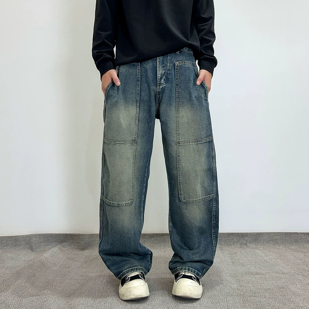 American retro baggy jeans men's 2025 new high street ruffian handsome splicing loose straight wide-leg pants
