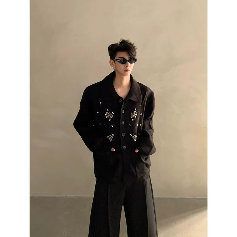 Autumn and winter niche high-end sense of extravagance heavy industry nail flower design knitted sweater men's cardigan jacket tide