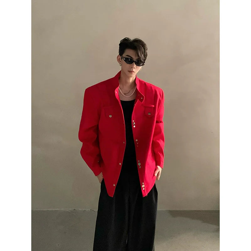 Niche high-end Barn style red shoulder padded jacket jacket men's ruffian handsome loose short top