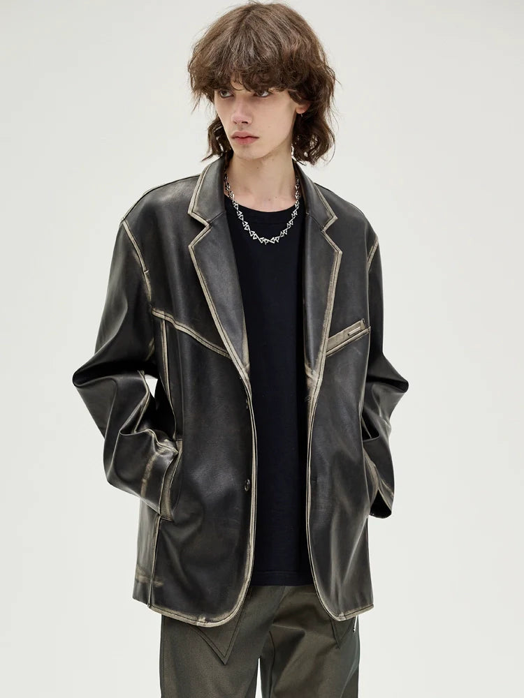 American retro polished leather jacket suit for men and women, black trendy jacket