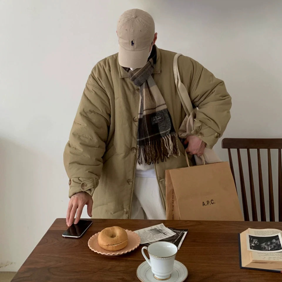 고급 남성용 겨울 무릎 길이 면 패딩 코트 재킷, 한국풍 루즈핏 두꺼운 라펠 면 의류 