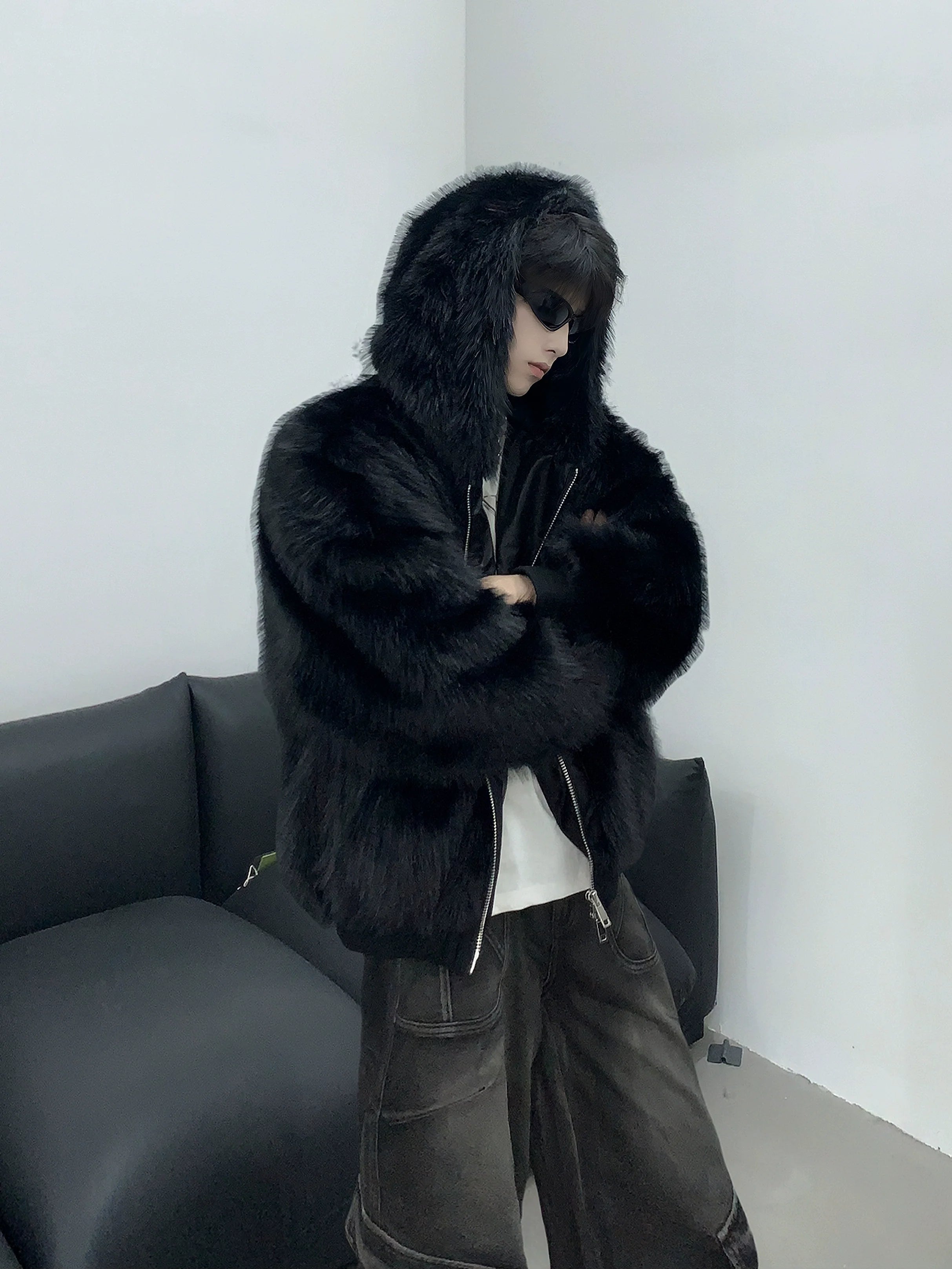 Winter thickened warm plush hooded mink jacket men's imitation fur cleanfit mink cotton jacket