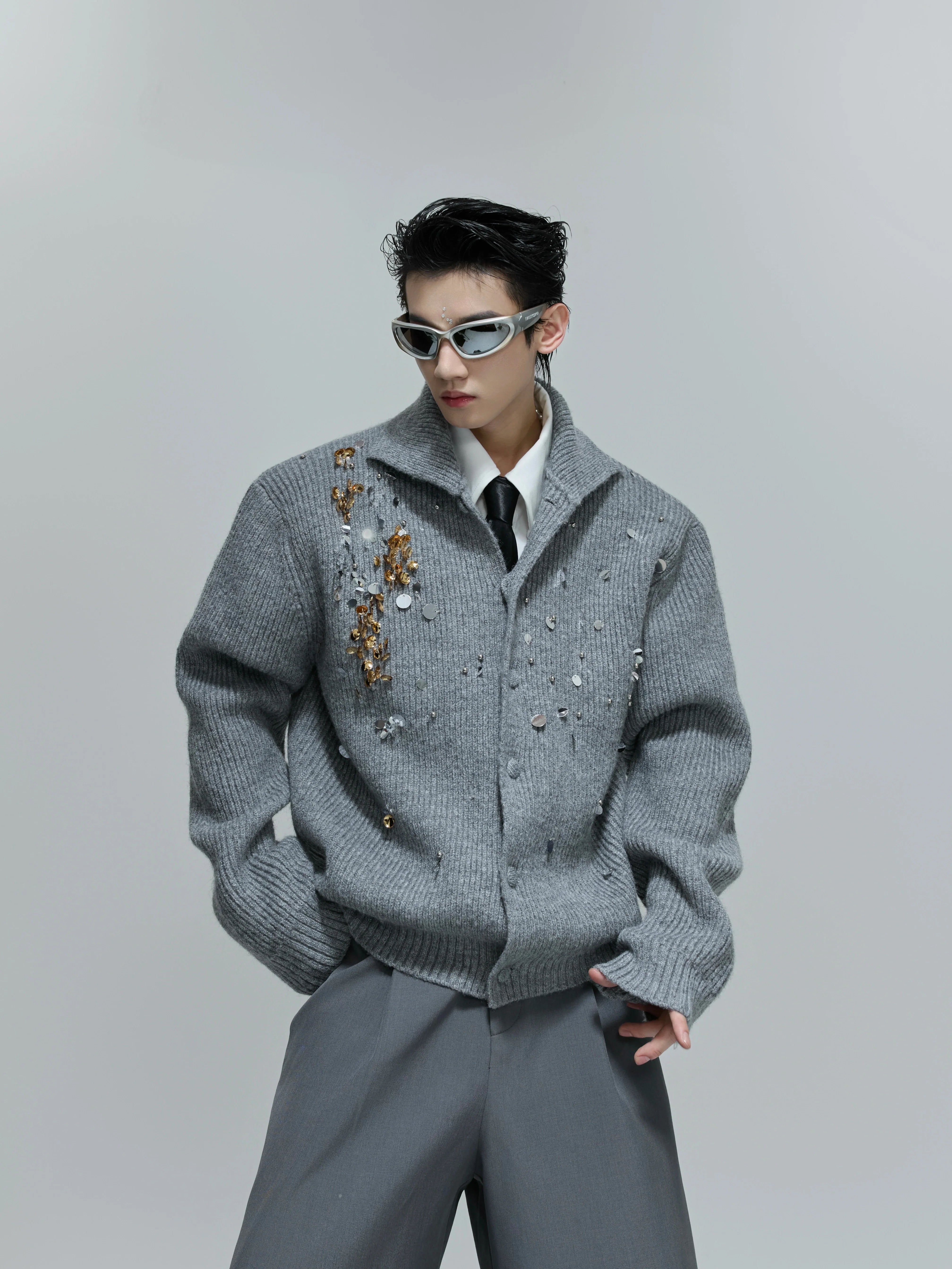 Niche heavy industry sequined design sense turtleneck sweater extravagant lazy knitted sweater jacket winter