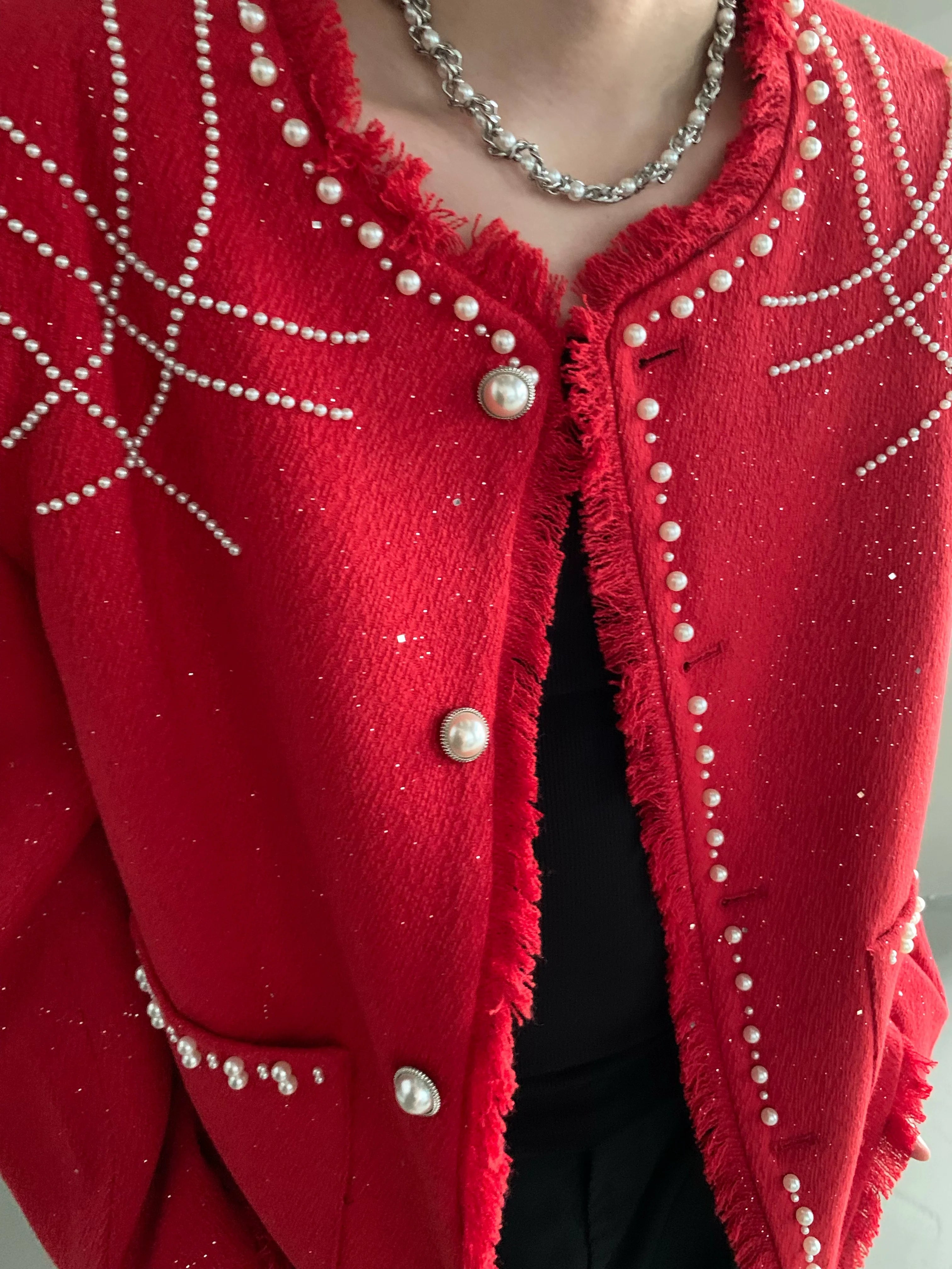 Niche high-end heavy industry bead design shoulder pads small fragrant jacket jacket men's top