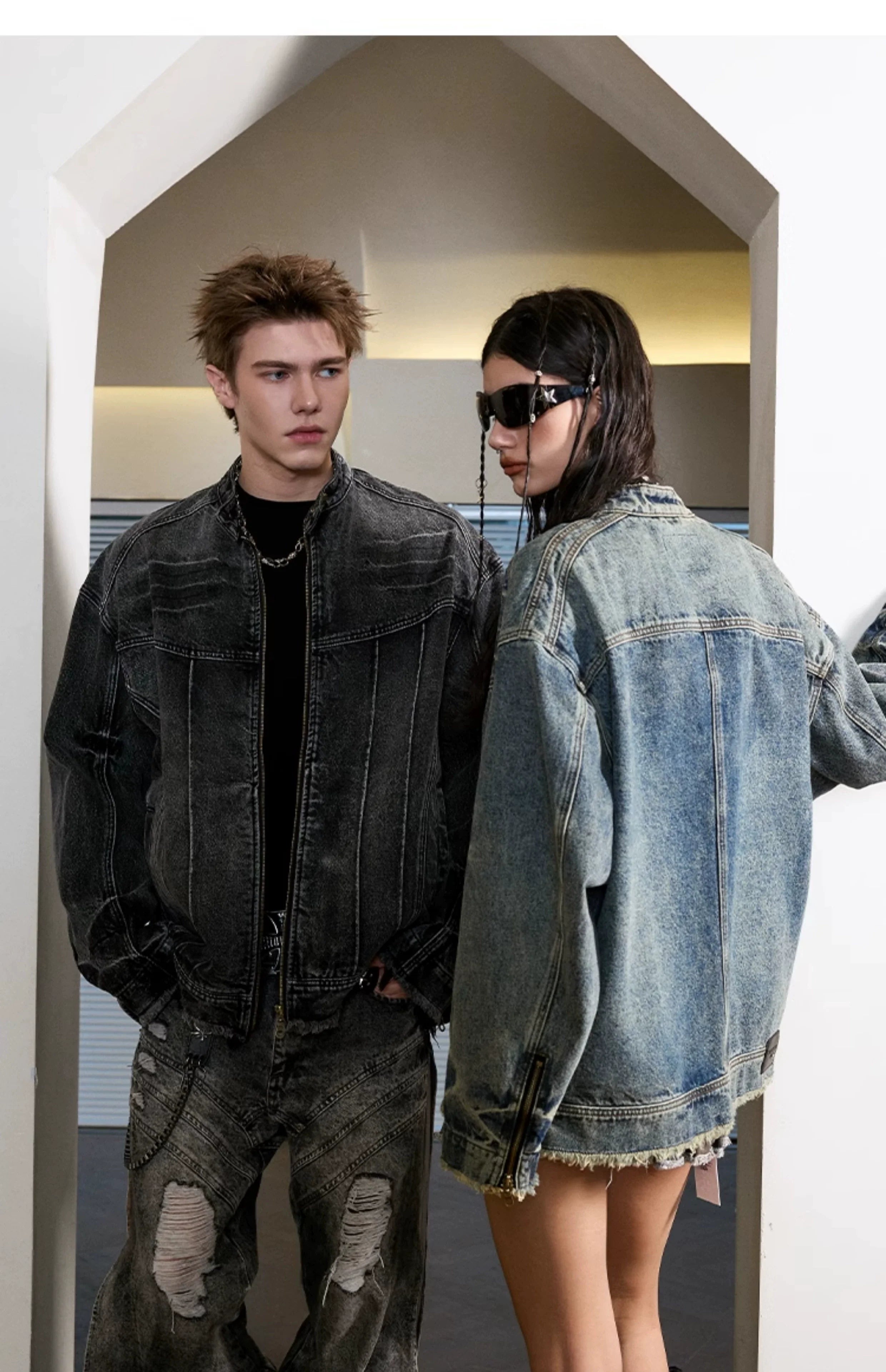 Heavy washed denim jacket American high street stand-up collar jacket SIN0992