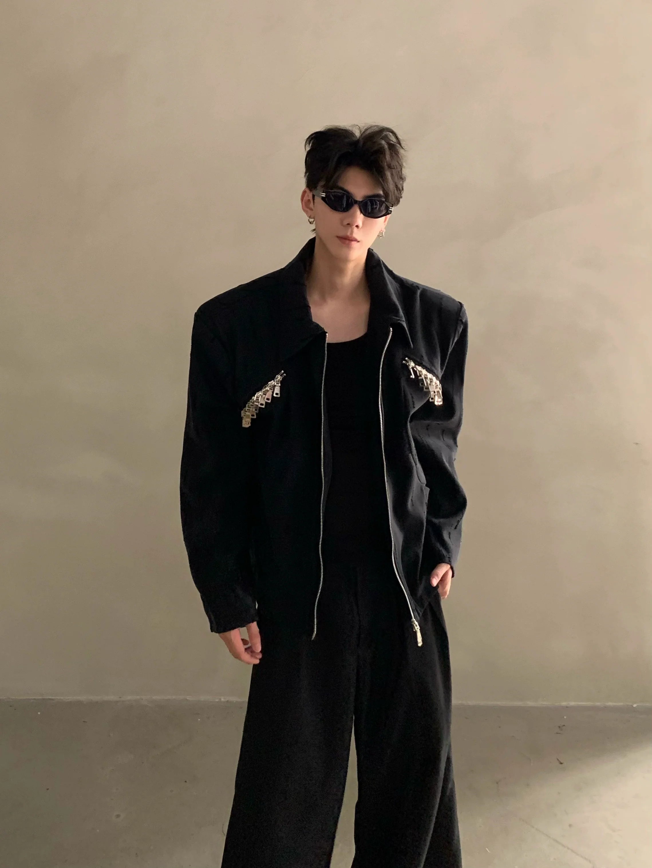 High sense niche metal deconstruction design shoulder padded jacket jacket men's ruffian handsome loose top trendy