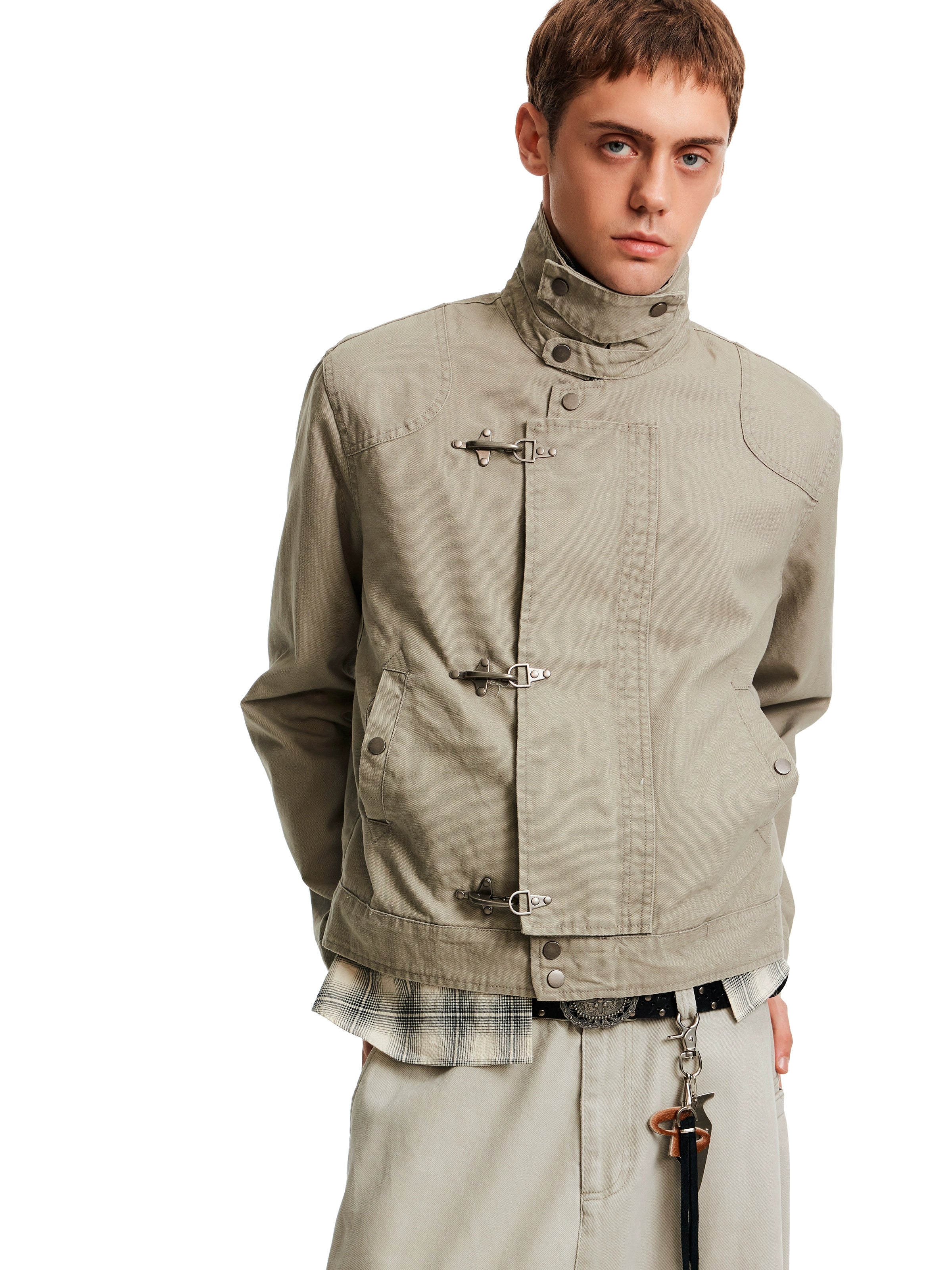 Retro high-end aircraft buckle design stand-up collar jacket for men and women, ruffian handsome high street short and wide tooling jacket