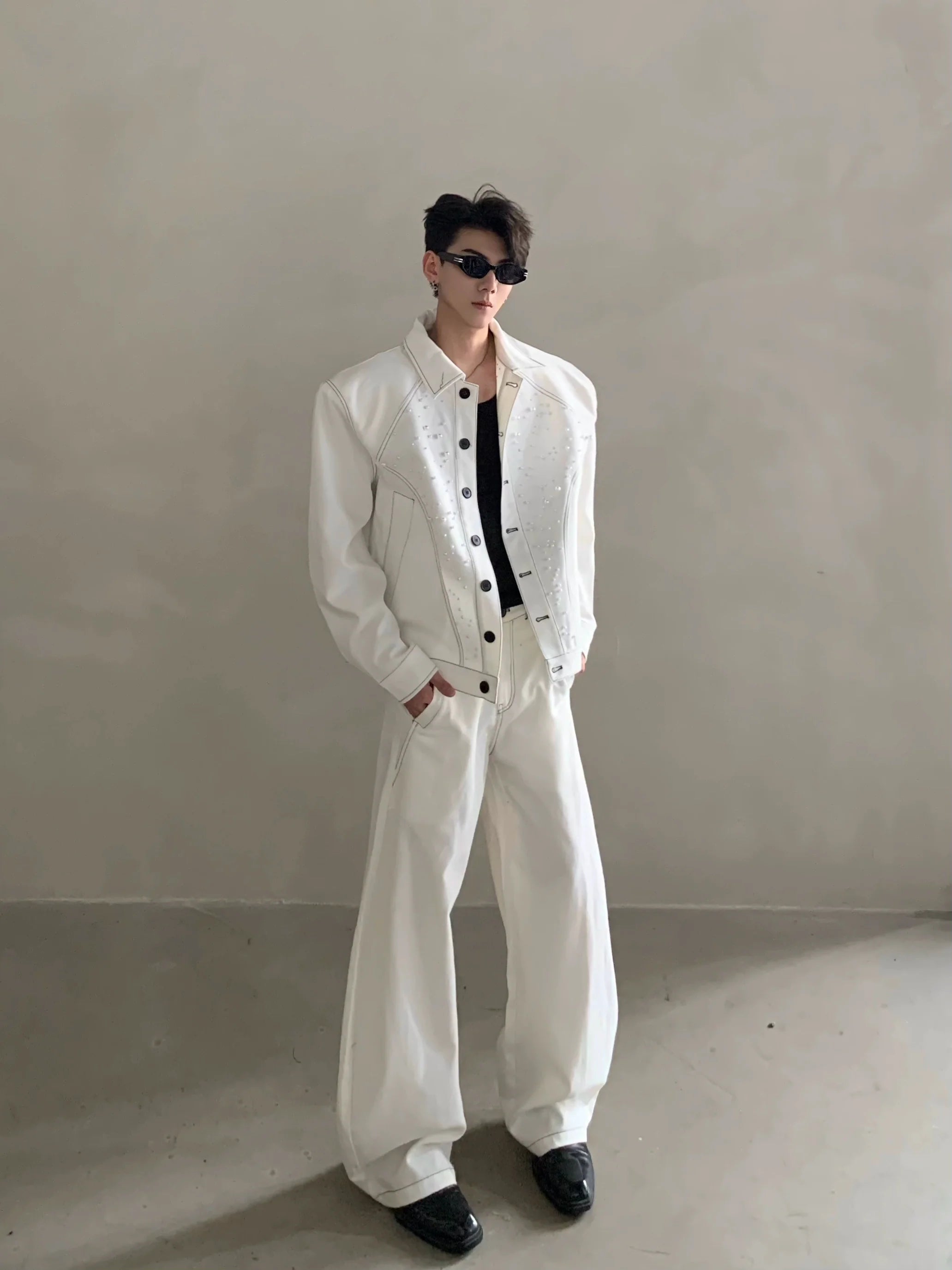 Niche high-end white shoulder padded jacket jacket men's autumn trousers suit minimalist style