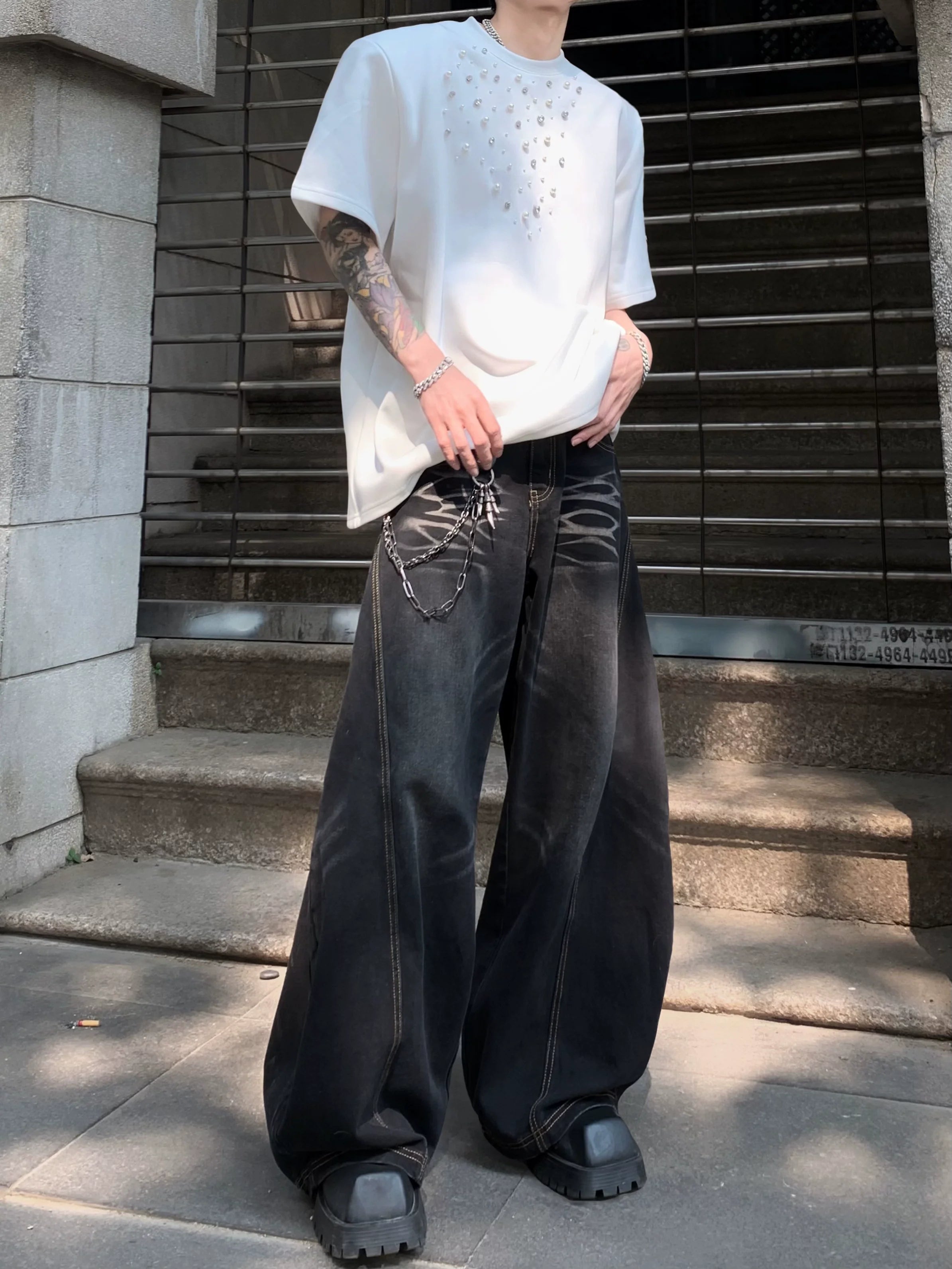 American high street lazy relaxation scimitar pants men's design sense cleanfit jeans high sense