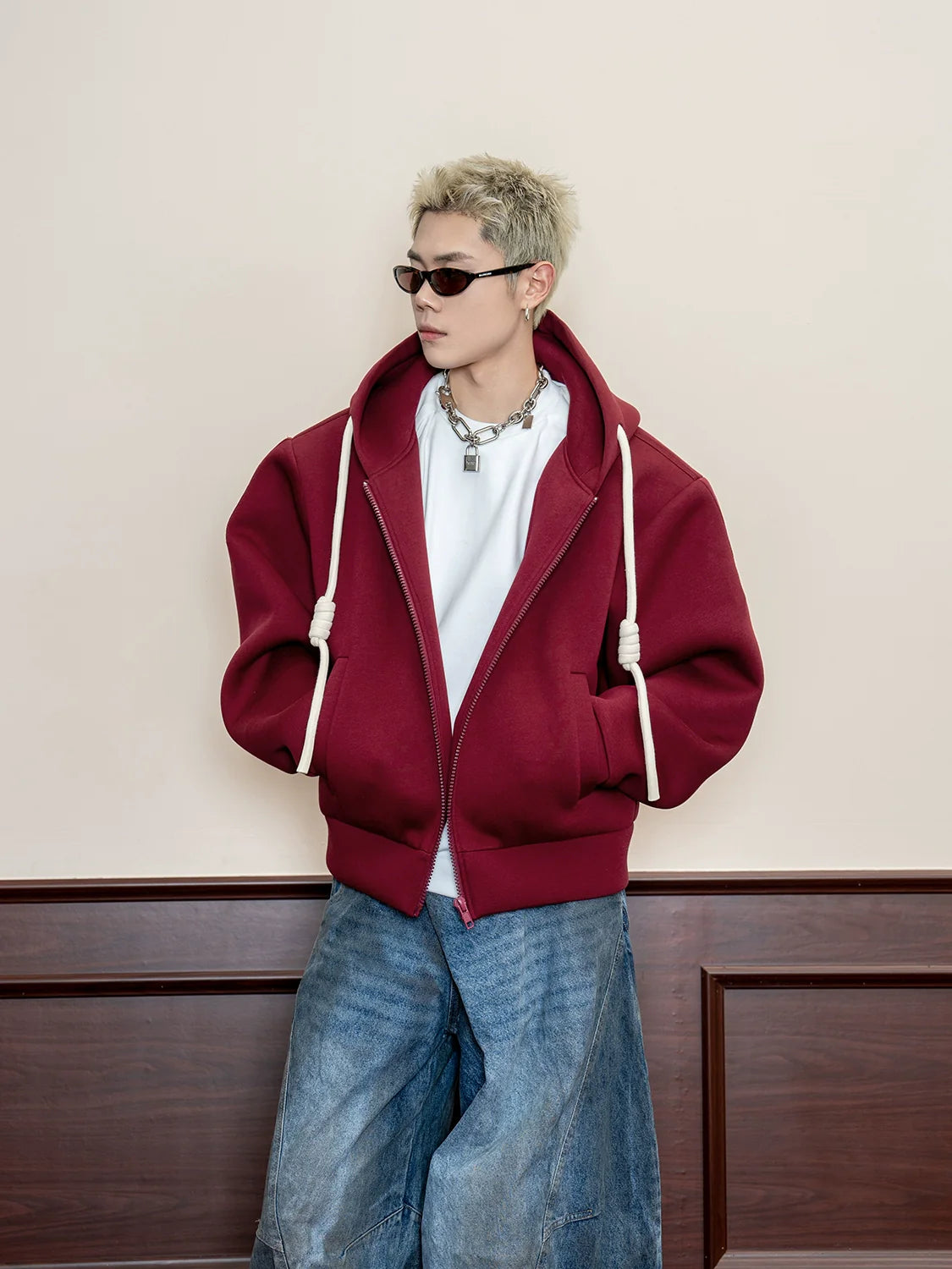 Handmade braided rope solid color hooded American casual sweater men's spring 500g heavy loose cardigan jacket