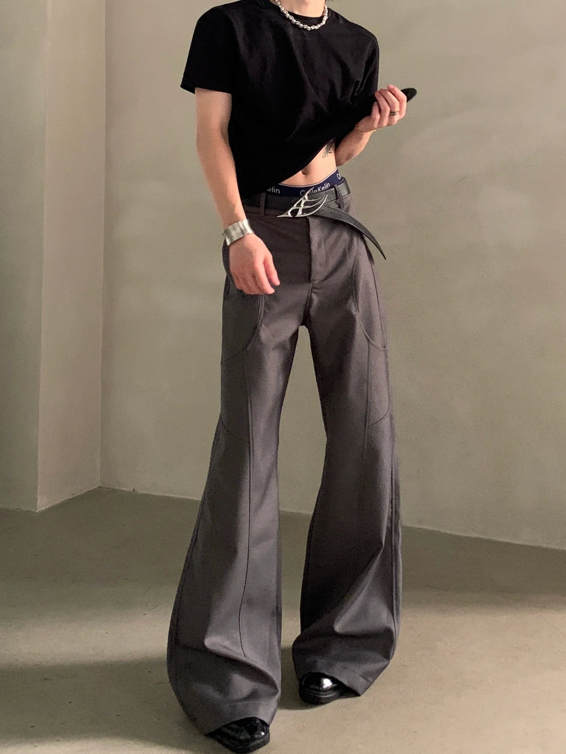 Niche design silhouette black micro-flared trousers men's senior sense cleanfit casual pants tide