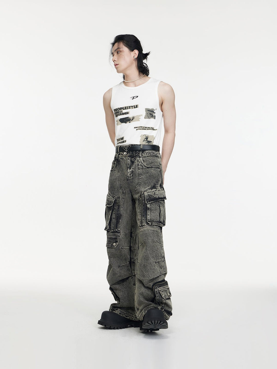 [PEOPLESTYLE] Multi-pocket wide leg casual jeans st2096