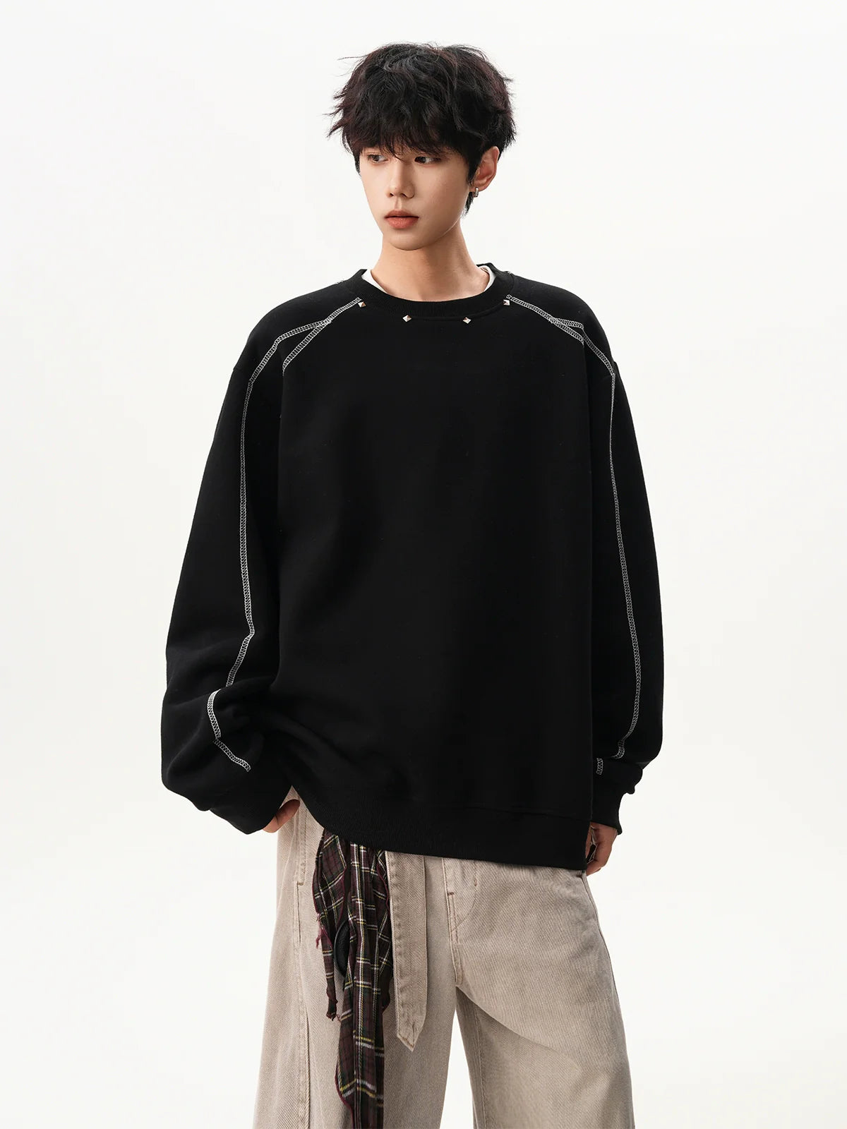 American Hasselblad line rivet sweater men and women winter high street couple crew neck inside loose design sports top SIN0896