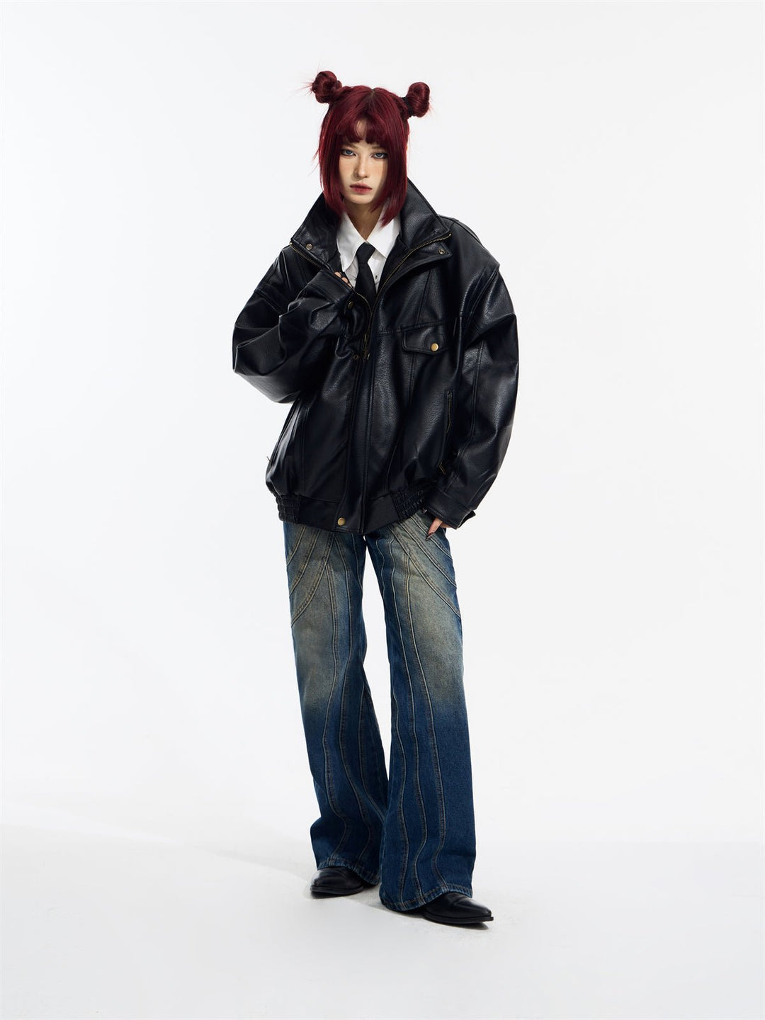 [PeopleStyle] Genderless wear silhouette fashionable leather jacket st1789