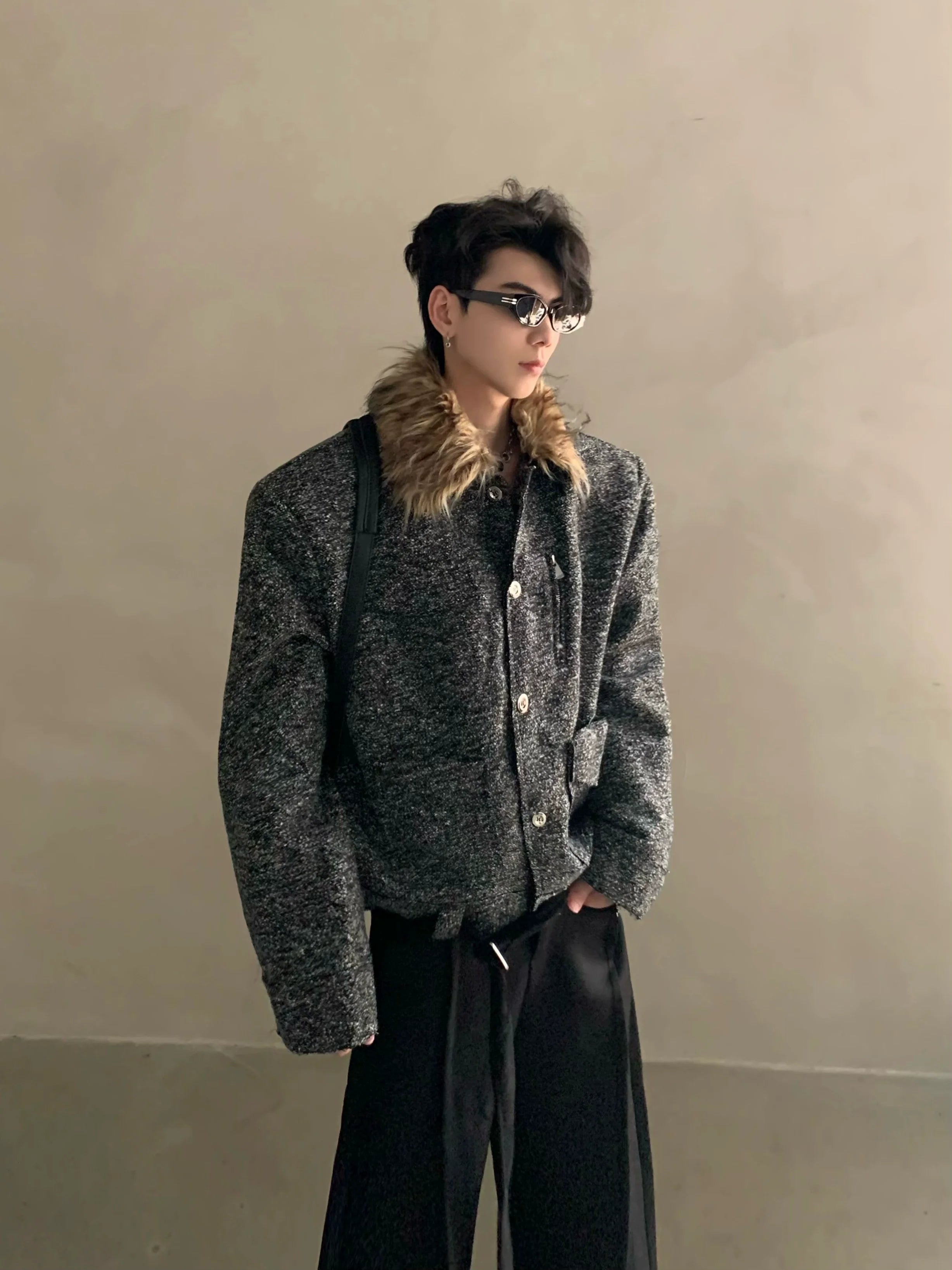 Winter niche light luxury fur collar shoulder padded small fragrant jacket men's high-end short padded jacket