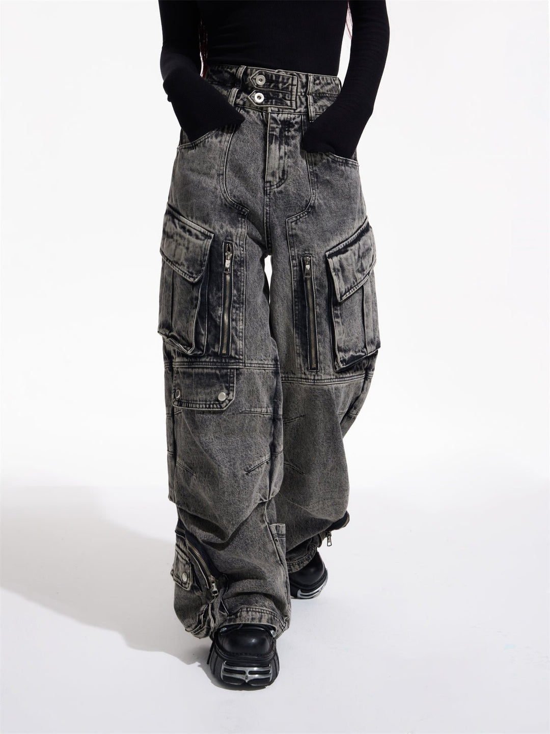 [PEOPLESTYLE] Multi-pocket wide leg casual jeans st2096