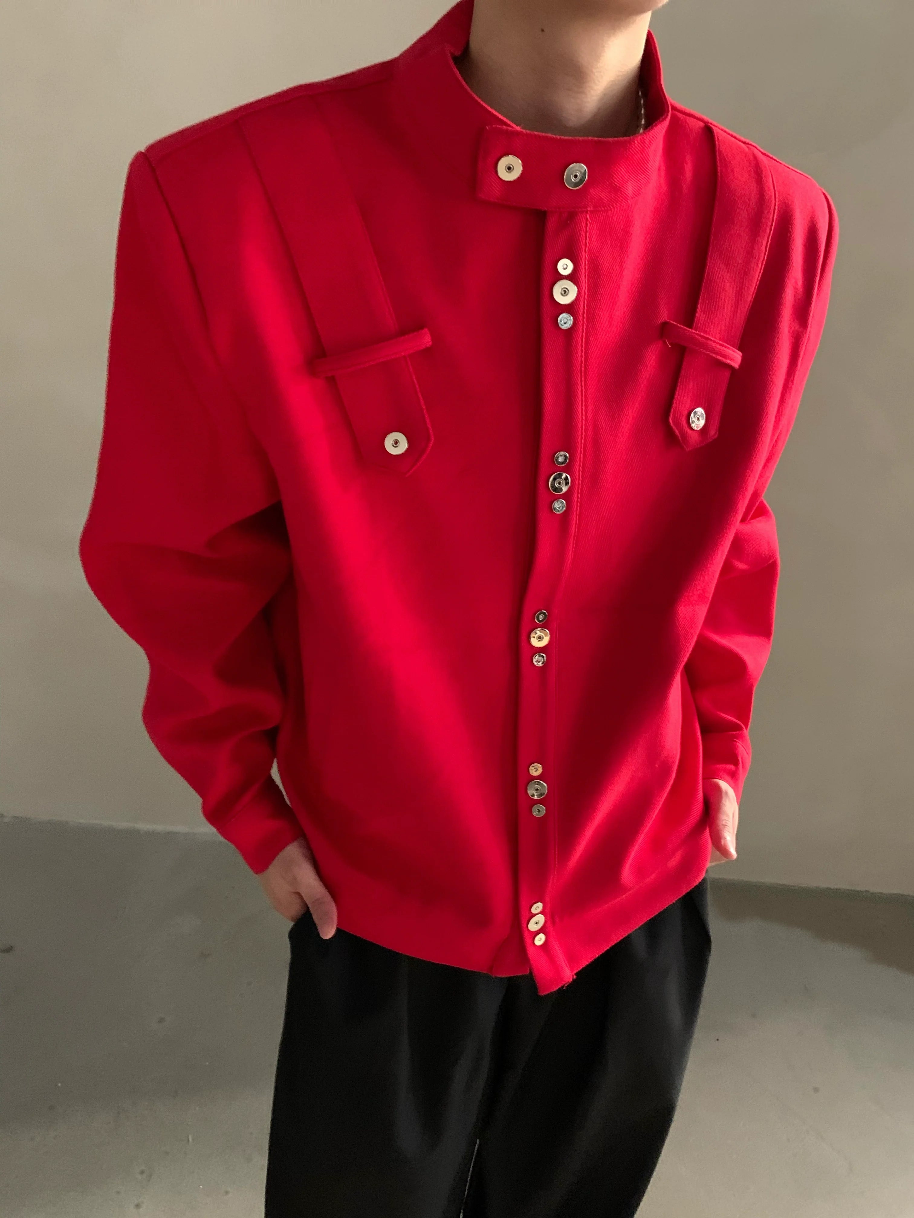 Niche high-end Barn style red shoulder padded jacket jacket men's ruffian handsome loose short top