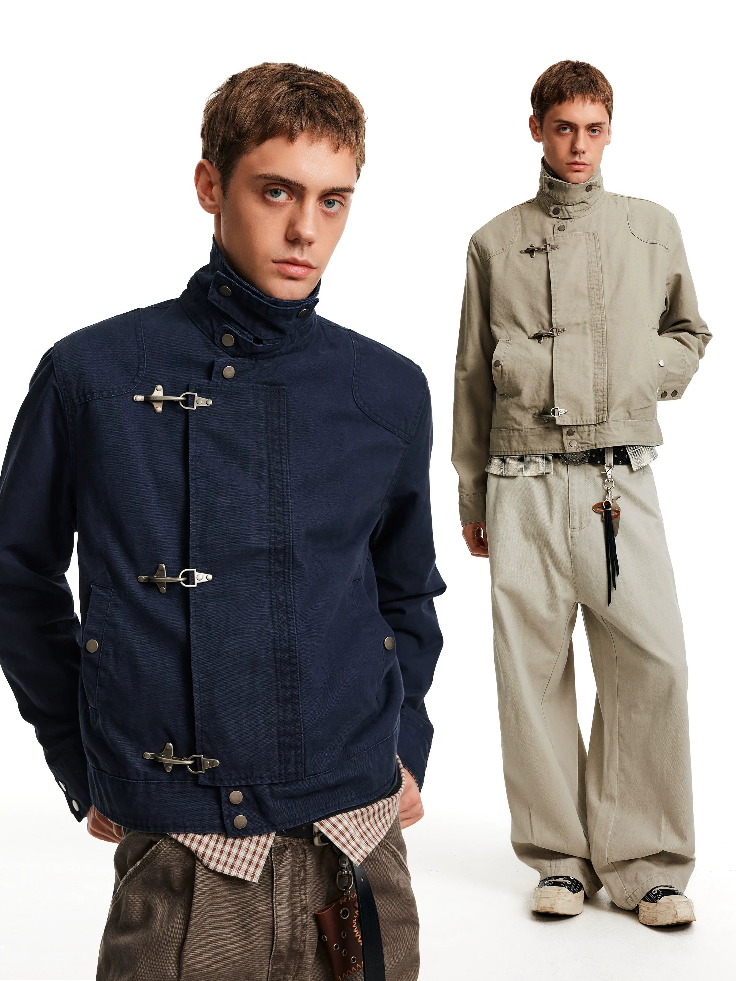 Retro high-end aircraft buckle design stand-up collar jacket for men and women, ruffian handsome high street short and wide tooling jacket