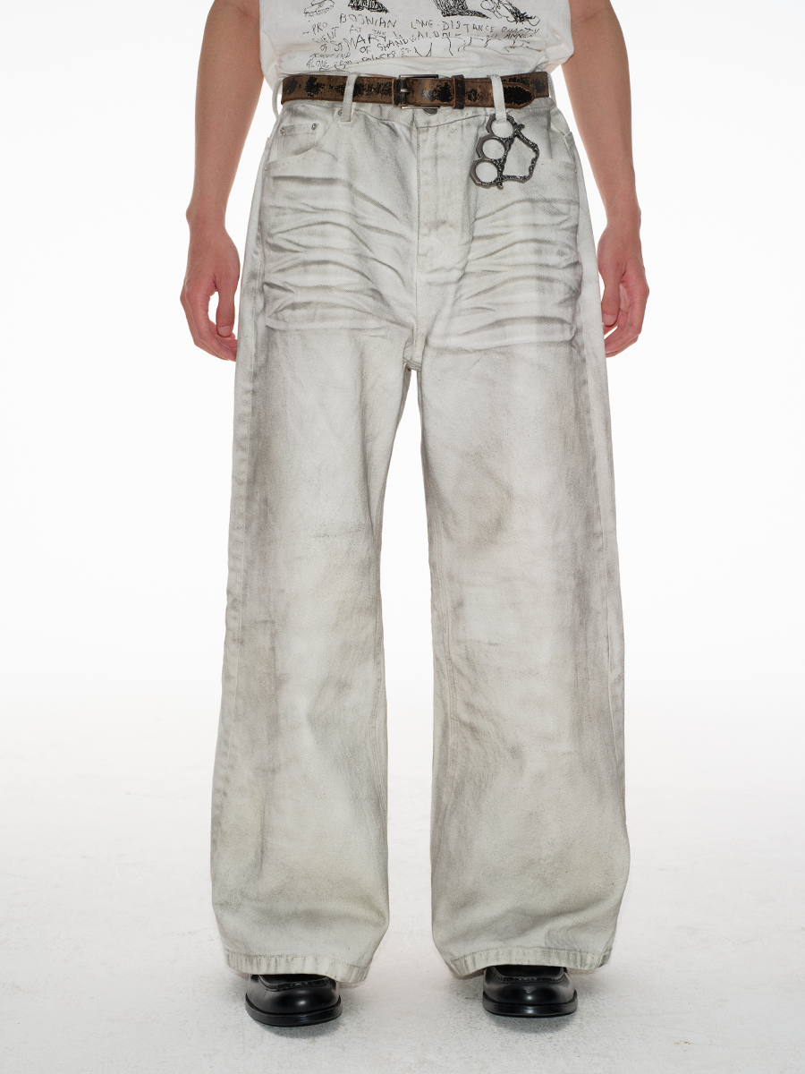 Dirty dyed old white jeans naturally dirty dyed, pleated cat whiskers, straight wide-leg pants