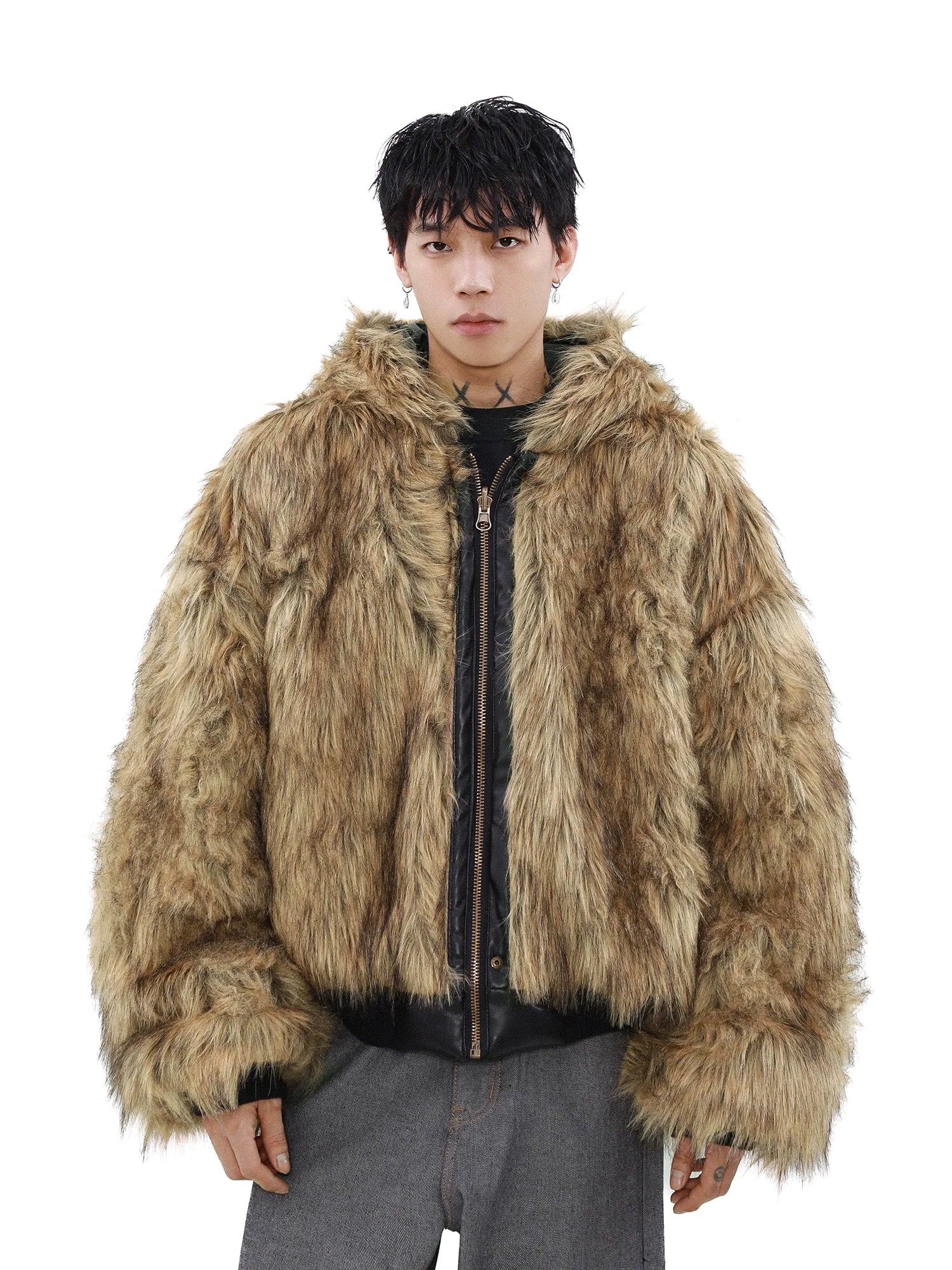 American high-end jacket cotton clothes men's winter velvet thickened double-sided fur integrated coat men