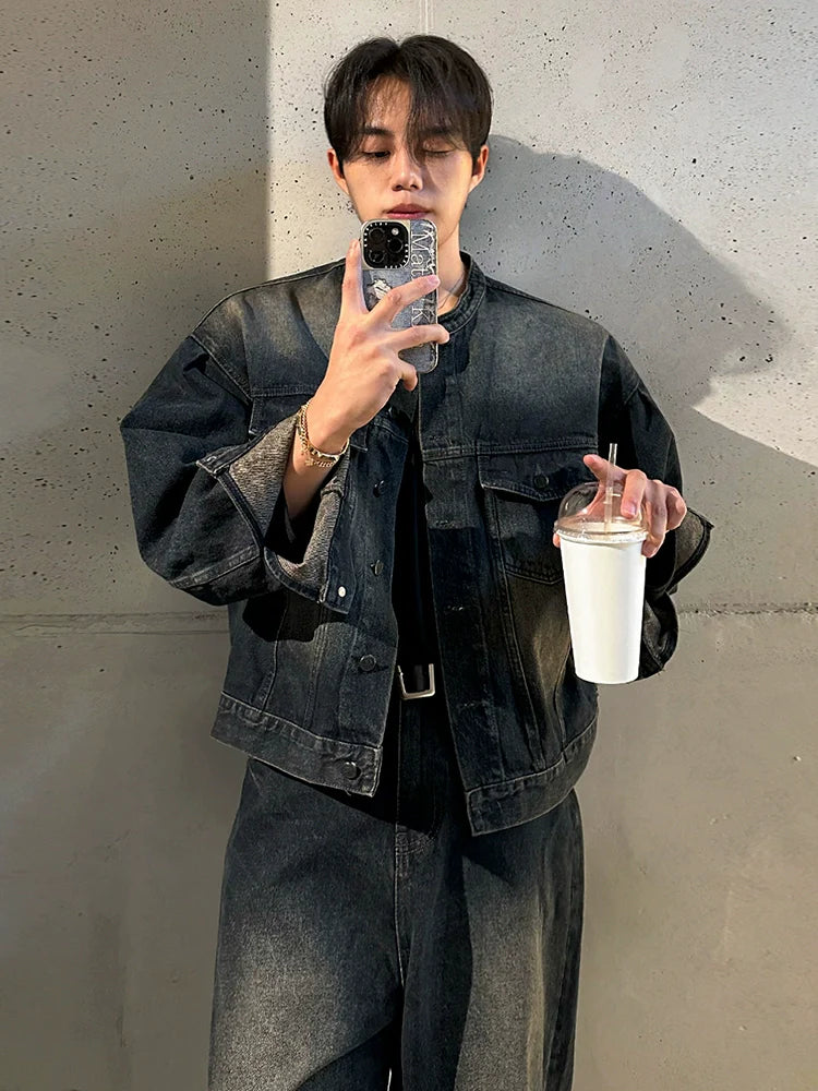 Ruffian handsome retro stand-up collar denim jacket men's spring and autumn loose wide-leg jeans Korean fashion suit