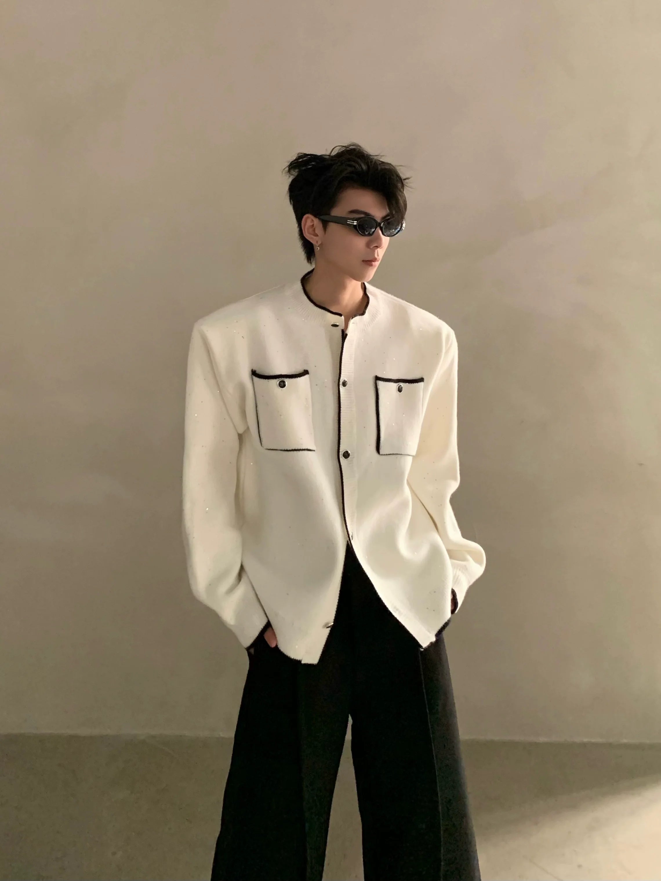 Autumn and winter light luxury high-end sense small fragrant wind contrasting color stand-up neck knitted cardigan men's button sweater jacket