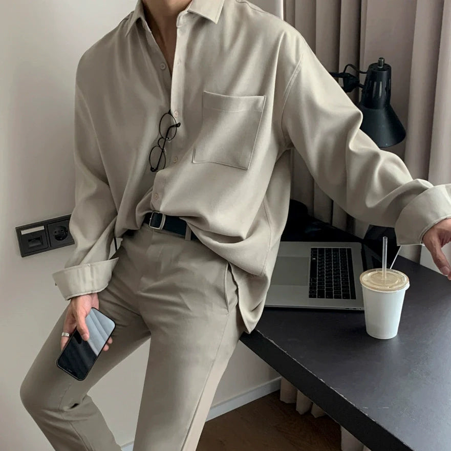 Old money style casual long-sleeved shirt men's autumn Korean loose high-end shirt non-ironing inch clothes