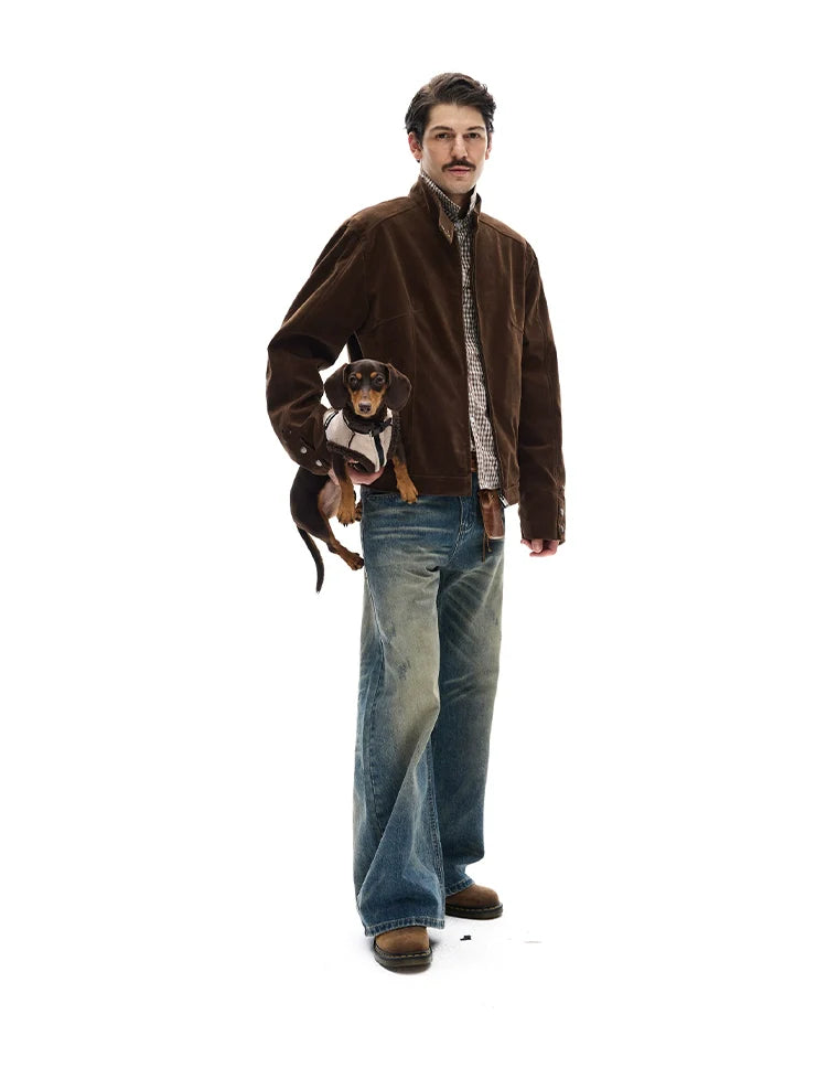 모던 스트리트 레트로 스웨이드 툴링 스탠드업 칼라 재킷, 남녀공용 캐주얼 디컨스트럭션 스플라이싱 숏 코트 