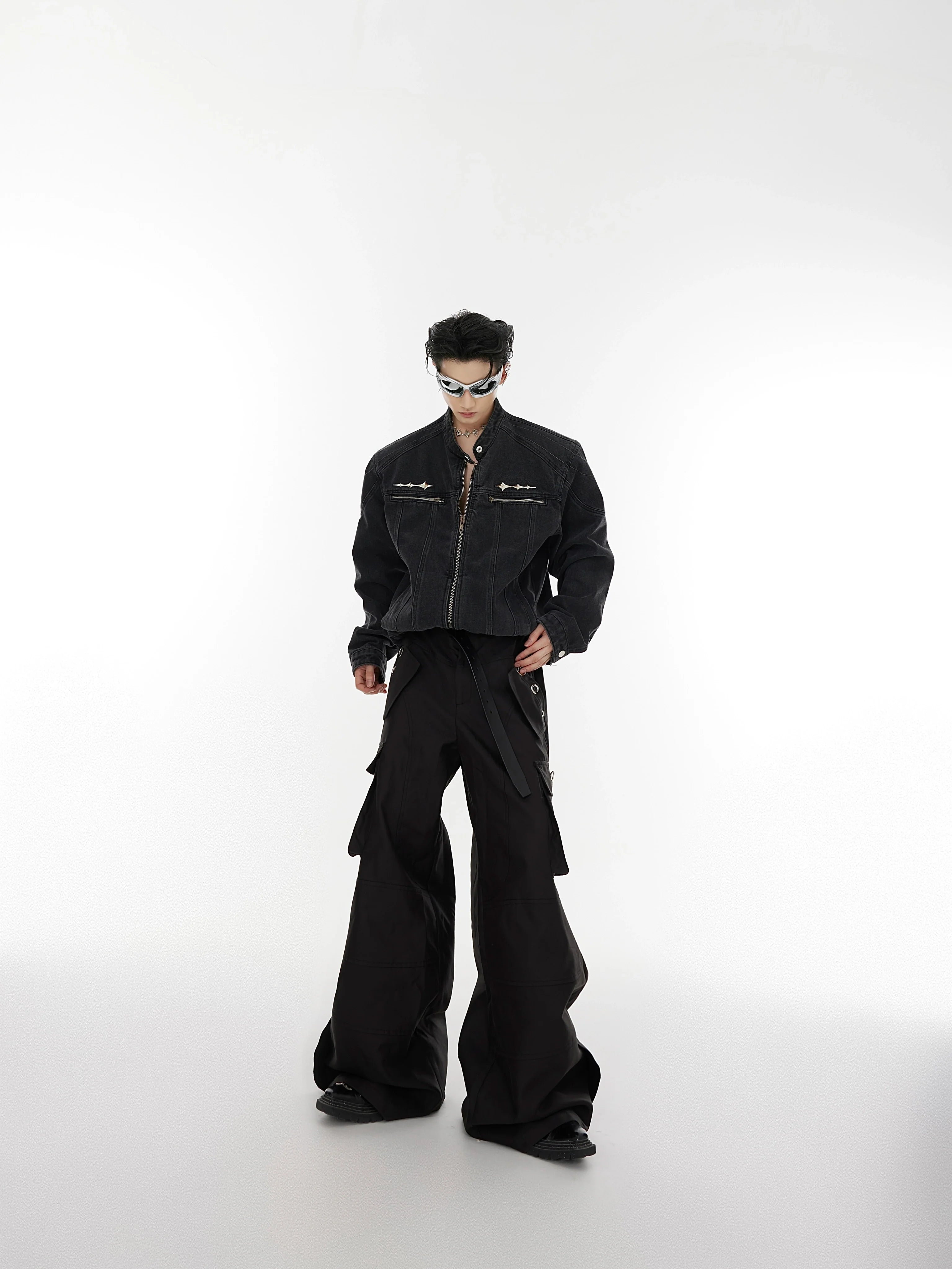 Retro washed shoulder pads short denim jacket metal design collarless jacket men