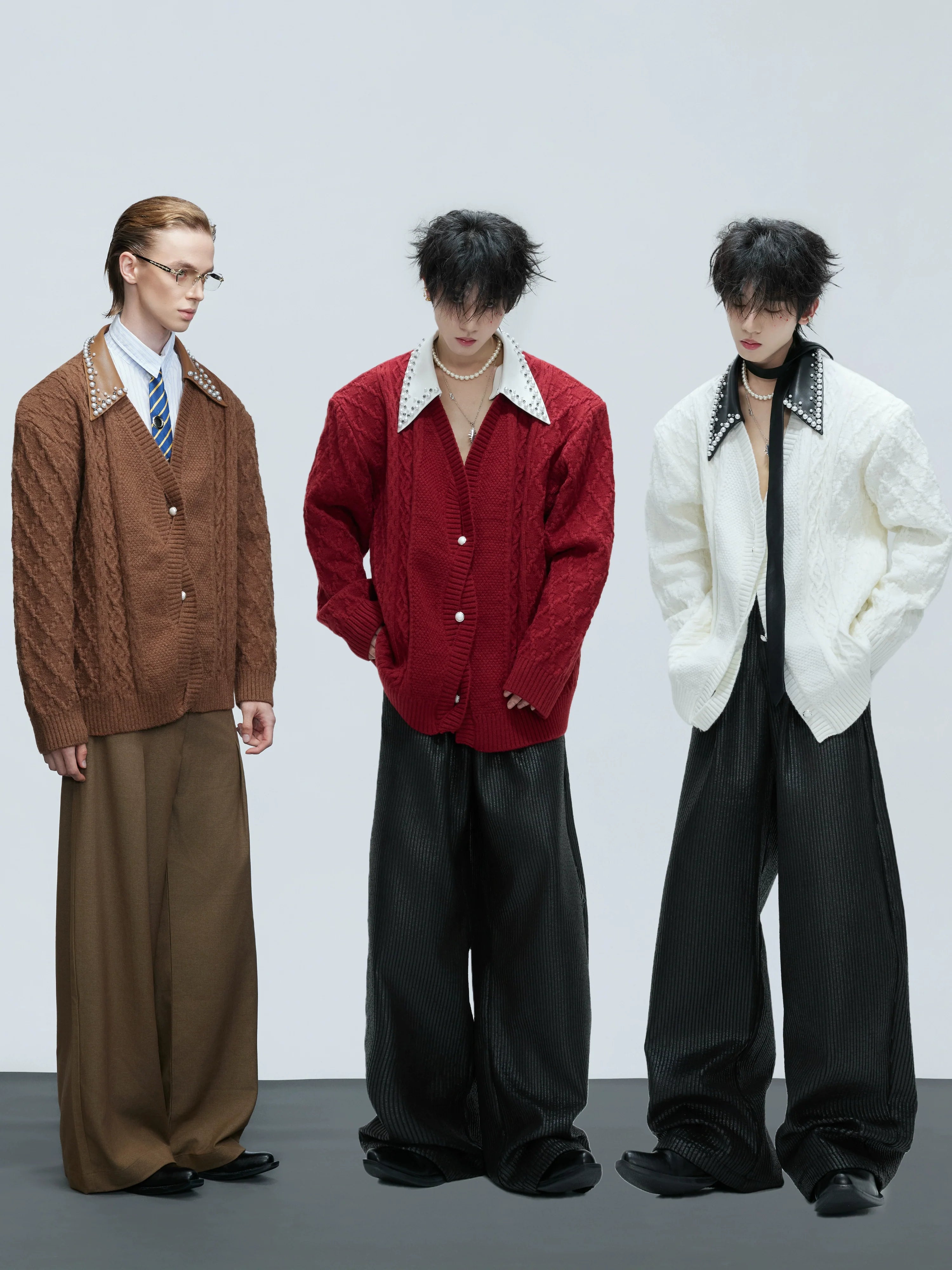 Extravagant fake two-piece sweater retro handmade pearl thickened lapel knitted cardigan