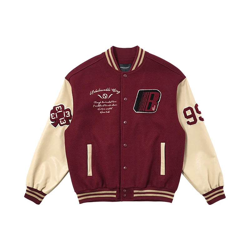 Super fire American retro burgundy baseball jacket men's and women's splicing trendy jacket