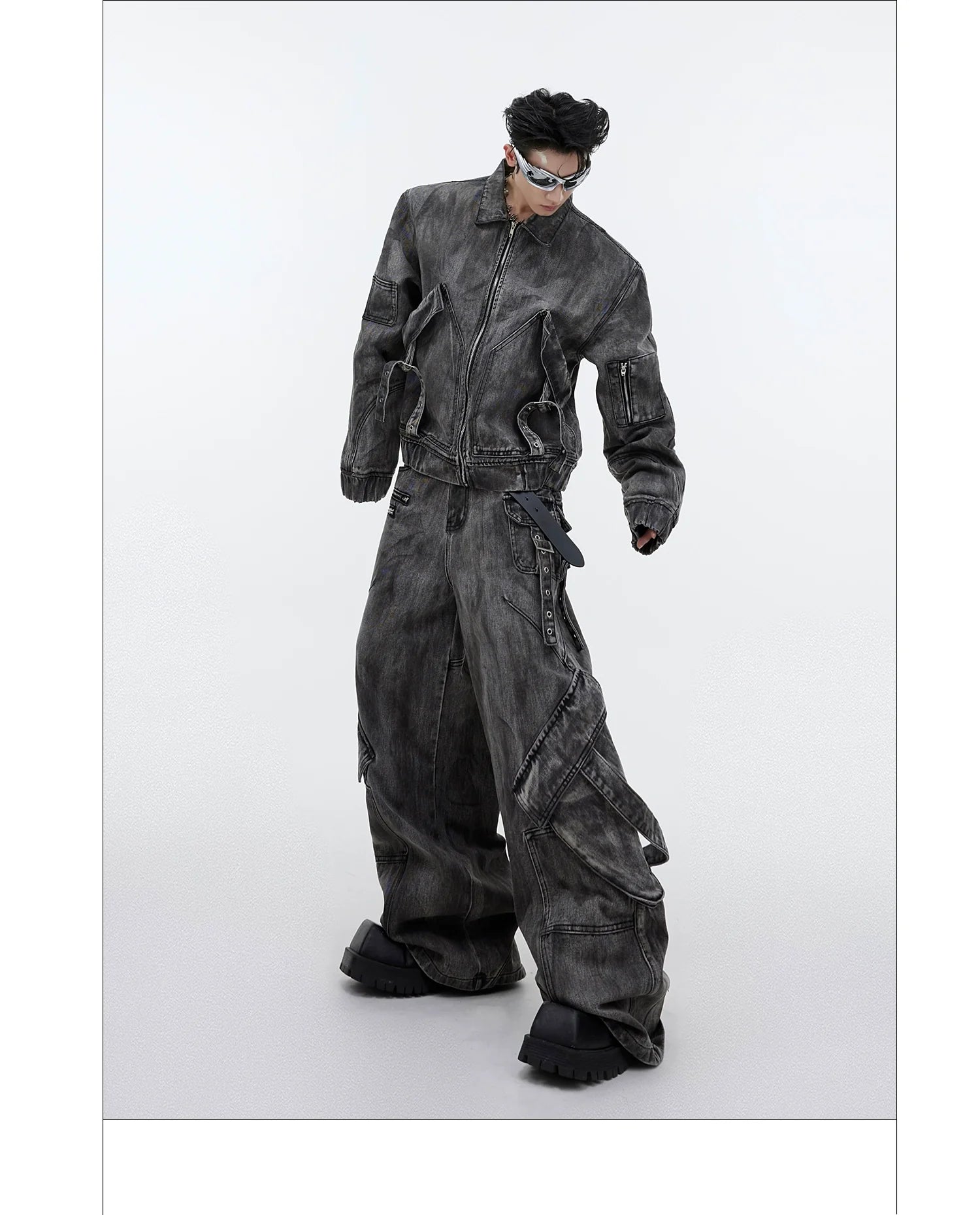 Niche retro old denim suit jacket jacket wasteland heavy zipper big pocket overalls