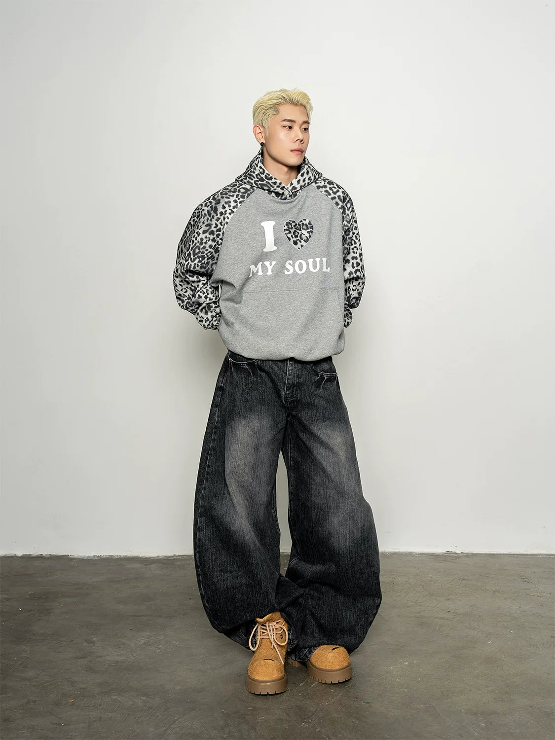 Classic Versatile Old Wash Water Bamboo Pattern Burr Edge Scimitar Jeans Loose Wide Leg Pants