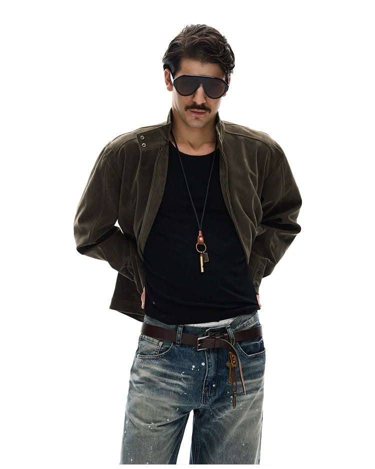 모던 스트리트 레트로 스웨이드 툴링 스탠드업 칼라 재킷, 남녀공용 캐주얼 디컨스트럭션 스플라이싱 숏 코트 