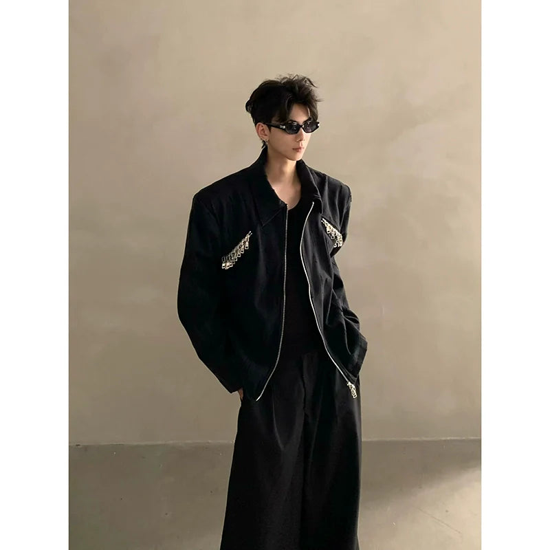 고급스러운 느낌의 니치 메탈 해체 디자인 숄더 패딩 재킷, 남성용 러피안 핸섬 루즈핏 트렌디 탑 